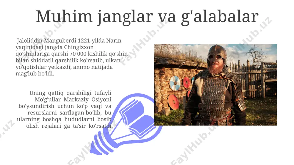 llanildi, shu jumladan, 50 000 kishilik kuchli piyoda qoʻshinlar tuzildi. yengilmas qo'mondon sifatida obro'si jaloluddin manguberdi o'zining 12 yillik hukmronligi davrida 20 dan ortiq yirik janglarda g'alaba qozonib, dushman qo'shinlarini mag'lubiyatga uchratib, "yengilmas qo'mondon" unvoniga sazovor bo'ldi. manguberdi qo'mondonligi ostidagi qo'shinlar yuqori darajadagi intizom va jasorat bilan ajralib turardi, bu esa ularning harbiy yutuqlarida muhim omil bo'ldi. manguberdining tarixiy ahamiyati manguberdining harbiy strategiyasi va jang usullari, 100 000 dan ortiq qo'shin bilan bo'lgan janglarni o'z ichiga olgan holda, harbiy tarixshunoslik uchun qimmatli ma'lumotlar beradi. jaloliddin manguberdi davri movarounnahrning 13-asr oxiridagi siyosiy parchalanishini va mongol istilosidan keyingi qayta tiklanish jarayonlarini o'rganishda muhim manba hisoblanadi. kelajak avlodlar uchun darslar 01 02 унинг 20 дан ортиқ жанглардаги қатъияти ва ҳарбий стратегиясини ўрганиш, ёшларнинг муаммоларни ҳал қилишдаги тафаккур ва масъулиятлилигини ривожлантиради. sales 1st qtr 2nd qtr 100 0 sales 1st qtr 2nd qtr 100 0 manguberdining harbiy iste'dodi manguberdi o'z qo'shinini samarali boshqarish uchun …