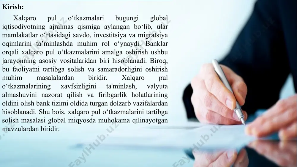 qo‘llab-quvvatlash va global savdoni kengaytirishda muhim omil hisoblanadi. xalqaro pul o‘tkazmalarini tartibga solish mexanizmlari ushbu jarayonning xavfsizligi, samaradorligi va qonuniyligini ta'minlashga qaratilgan qoidalar va amaliyotlarni o‘z ichiga oladi. tartibga soluvchi xalqaro tashkilotlar, masalan, xalqaro valyuta jamg‘armasi (imf) va moliyaviy harakat bo‘yicha ishchi guruh (fatf), xalqaro moliyaviy tizim barqarorligini ta'minlash uchun standartlar va yo‘riqnomalarni ishlab chiqadi. xususan, fatf pul yuvish va terrorizmni moliyalashtirishga qarshi kurashishda muhim rol o‘ynaydi, u banklardan mijozlarning shaxsini tekshirish va shubhali operatsiyalarni hisobot qilishni talab qiladi. pul o‘tkazmalariga taalluqli xalqaro va milliy qonunchilik ham tartibga solishning muhim qismidir. masalan, mamlakatlar o‘zlarining valyuta nazorati to‘g‘risidagi qonunlari orqali chet elga pul yuborish va qabul qilish jarayonlarini nazorat qiladi. shu bilan birga, xalqaro bitimlar, masalan, yagona evropa to‘lov maydoni (sepa), xalqaro pul o‘tkazmalarini soddalashtirish va ularning samaradorligini oshirishga xizmat qiladi. ushbu mexanizmlar birgalikda ishlash orqali xalqaro pul o‘tkazmalarini ishonchli, shaffof va qonuniy asosda amalga oshirilishini ta’minlaydi. xalqaro pul o‘tkazmalarida bir …