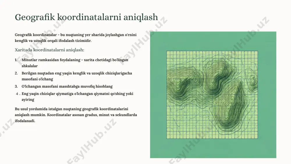 nishni mashq qiling foydalanilgan adabiyotlar asosiy manbalar mirzaliyev t. "geodeziya va kartografiya asoslari", toshkent, 2019 egamberdiyev a. "topografik xaritalar bilan ishlash", o'qituvchi, 2018 abdullayev i. "zamonaviy geodezik o'lchashlar", fan, 2020 turdiyev s. "geoinformatsion tizimlar va ularning amaliy ahamiyati", toshkent, 2021 qo'chqorov a. "geodeziya amaliyoti", universitet, 2017 qo'shimcha resurslar o'zbekiston respublikasi yer resurslari va davlat kadastri qo'mitasi rasmiy veb-sayti xalqaro geodeziya va kartografiya assotsiatsiyasi materiallari esri o'quv materiallari - arcgis platformasi uchun o'zbekiston milliy universiteti geodeziya kafedrasi o'quv qo'llanmalari click to edit master text styles second level third level fourth level fifth level 0 5420 wps presentation on-screen show (16:9) 175 10 10 0 0 false 已用的字体 13 主题 1 幻灯片标题 10 arial simsun wingdings alice alice alice lora lora lora calibri microsoft yahei arial unicode ms calibri light office theme powerpoint 演示文稿 powerpoint 演示文稿 powerpoint 演示文稿 powerpoint 演示文稿 powerpoint 演示文稿 powerpoint 演示文稿 powerpoint 演示文稿 powerpoint 演示文稿 powerpoint 演示文稿 powerpoint 演示文稿 …