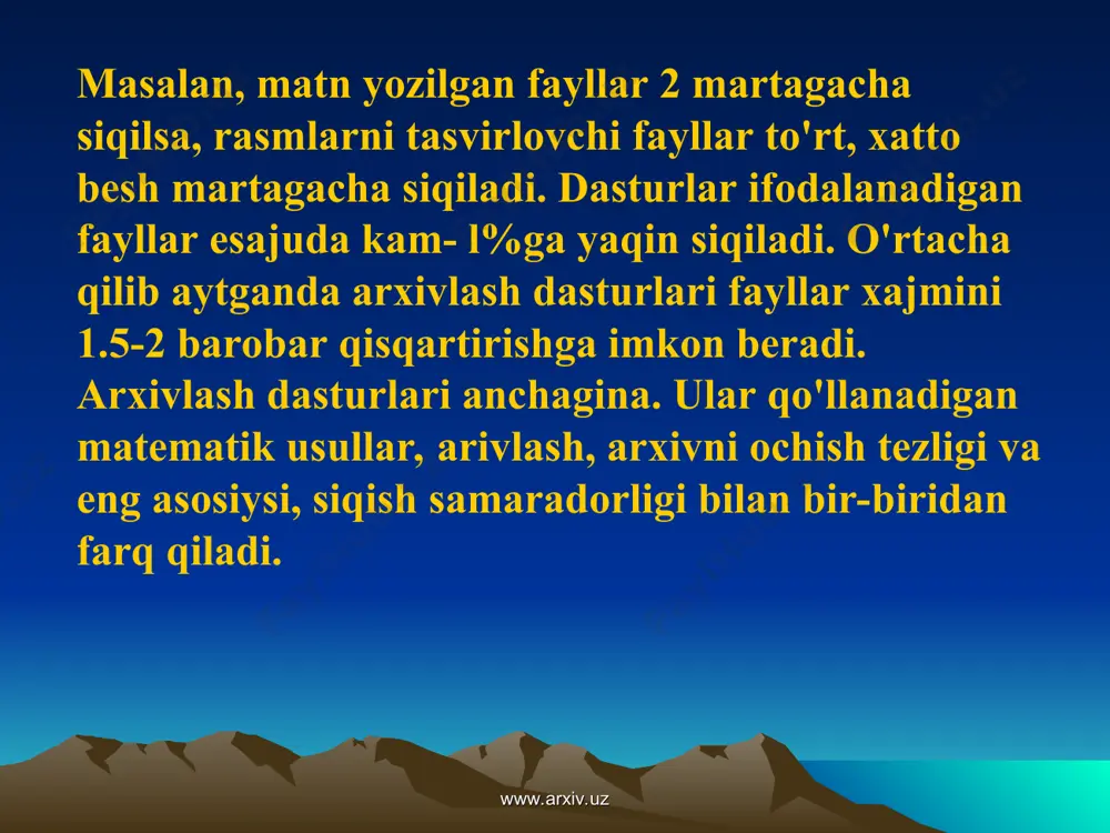 lar uchun. fayllarni arxivlash bilan arj dasturi misolida tanishib chiqamiz. agar matn kataloglaridagi fayllarni arxivlash lozim bo'lsa, arj a matn ro'rinishida buyruq beriladi. bu yerda arj arxivlash dasturining nomi, a-"add"(qo'shimcha qilmoq) so'zidan olingan arxivni tuzish yoki mavjud arxivga fayllarni qo'shimcha qilish amalini anglatuvchi ko'rsatma, matn esa hosil qilinadigan arxiv faylning nomi. mazkur buyruq berilgandan so'ng fayllarni arxivga joylashtirish boshlanadi va bunda har bir faylning nomi hamda uning siqilish foizi ko'rsatilib boriladi. www.arxiv.uz www.arxiv.uz dastur ishi tugagandan so'ng, katalogdagi barcha fayllarni o'z ichiga olgan matn.arj arxiv fayli hosil bo'ladi.(fayl nomidagi arj kengaytmani arxivlash dasturining o'zi qo'shadi.) mazkur buyruq lhars arxivlash dasturi uchun lhars a matnko'rinishida, pkzip arxivlash dasturi uchun pkzipa matn ko'rinishida bo'ladi. buyruqlar mos ravishda matn.izh va matn.zip fayllarini hosil qiladi.joriy katalogdagi fayllarni bir buyruq yordamida boshqa katalog yoki boshqa diskka arxivlash ham mumkin. buning uchun buyruq ko'rinishini quyidagicha bo'ladi; arj a c:\archive\mtn yoki ar matn www.arxiv.uz www.arxiv.uz birinchi buyruq …