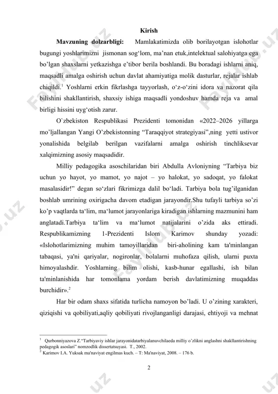 lim olishi, kasb-hunar egallashi, ish bilan ta'minlanishida har tomonlama yordam berish davlatimizning muqaddas burchidir». har bir odam shaxs sifatida turlicha namoyon bo’ladi. u o’zining xarakteri, qiziqishi va qobiliyati,aqliy qobiliyati rivojlanganligi darajasi, ehtiyoji va mehnat faoliyatiga munosabati bilan farqlanadi.shu o’rinda shaxs tarbiyasida tarbiya texnologiyalarining ahamiayti o’rinli hisoblanadi. kurs ishining maqsadi: boshlang’ich ta’limda innovatsion ta’lim texnologiyalarini qo’llashning tashkiliy asoslarini ilmiy-nazariy jihatdan asoslash. kurs ishining ob’ekti: umumta’lim maktab o’quvchilarining boshlang’ich sinf o’quvchilarining ta’lim va tarbiya faoliyatini organish. kurs ishining predmeti: boshlang’ich ta’limda innovatsion ta’lim texnologiyalarini qo’llashning tashkiliy asoslari usullarini mazmuni, shakli, vosita va metodlari. kurs ishining vazifalari: 1.mavzuga doir pedagogik, psixologik adabiyotlarni taxlil qilish va umumlashtirish. boshlang’ich ta’limda innovatsion ta’lim texnologiyalarini qo’llashning tashkiliy asoslari orqali ijtimoiy pedagogik muammolarini o’rganish. 3.bo‘lajak boshlang’ich sinf o’qituvchilarini bolalar bilan ishlashga tayyorlash. 4.bo‘lajak o’qituvchilarning ta’lim-tarbiya texnologiyalari va pedagogic innovatsiyalar orqali kasbiy – madaniy munosabatlarni shakllantirish yo’llari. tadqiqotning metodologik asoslari: o’zbekiston respublikasi konstitutsiyasi, o’zbekiston respublikasi prezidenti sh.m.mirziyoyevning 2017 yil …