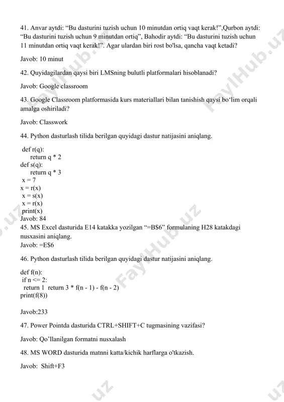 lse: x = x + 2 print(x) 8 wordni ishga tushirganda qanday holatda bo’ladi? j:главная, chap tomondan tekislash va обичный faol bo’ladi 9 zinalarni sanab 103-qavatga ko’tarildi. har bir qavat orasidagi zinalar soni 1103 ta bo’lsa, men nechtagacha sanadim j:2410 yoki 2203 10 pytonda fin funksiyasining vazifasi? j: satrdagi so’z boshlangan indeksni ko’rsatadi 11 ms excel 2010 tasmasining рецензирование bo‘limi qanday vazifalami bajarishga mo‘ljallangan? imloladagi xatoliklarni tekshirish 12 ayirishni bajaring: 101011-10101,1= 10101,1 13 birinchi web sayt nomi nima? j:info.cern.ch 1991 yil 6-avgust 14 photoshop da f12 vazifasi? j: vostanavit. qayta yuklash 15 18. so’zlarga urg’u qo’yish j: alt+0145 16 19. chappa so’roq j:alt+0191 17 . ms excel. a1=4, b1=5, c1=6 uchlik qiymatlari va a1=100, b1=500, c1=1000 uchlik qiymatlari uchun natijasi o‘zgarmaydigan formlani aniqlang #ref! 18 qanday axborotga ilmiy axborot deyiladi? tabiat, jamiyat va fikrlashning ob’yektiv qonuniyatlarini ifodalovchi mantiqiy axborot 19 ms excel. a1= 4 va b1= 5 bo‘lsin. a1:b1 blok …