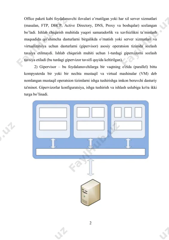 r tavsifi quyida keltirilgan). 2) gipervisor – bu foydalanuvchilarga bir vaqtning o'zida (parallel) bitta kompyuterda bir yoki bir nechta mustaqil va virtual mashinalar (vm) deb nomlangan mustaqil operatsion tizimlarni ishga tushirishga imkon beruvchi dasturiy ta'minot. gipervizorlar konfiguratsiya, ishga tushirish va ishlash uslubiga ko'ra ikki turga bo’linadi. ( fizik server gipervizor server resurslarini boshqaradi 1-turdagi gipervizor izolyatsiyalangan muhit izolyatsiyalangan muhit izolyatsiyalangan muhit birinchi mehmon operatsion tizim ikkinchi mehmon operatsion tizim uchinchi mehmon operatsion tizim dasturiy ta’minot (dt) dt 1 dt 2 dt 1 dt 2 dt n ) birinchi tur to’g’ridan-to’g’ri kompyuterning apparat qismida konfiguratsiya qilinadi va ishga tushiriladi. bu turdagi gipervizor kompyuterda xost operatsion tizimisiz ishlaydi. bu turdagi gipervizorlarga quyidagilar misol bo’la oladi: oracle vm server, vmware esx/esxi, rhev, hp virtualization service platform. ikkinchi tur kompyuterning xost operatsion tizimida konfiguratsiya qilinadi va ishlaydi. xost operatsion tizim kompyuterga o’rnatiladi va keyin unda gipervisor dasturi sozlanadi. ( izolyatsiyalangan muhit ) ( xost …