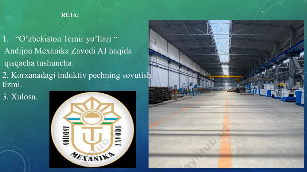 zali; 4: 3 fazali turi: t: umumiy turi; p: fan va suv nasosi turi moslashuvchan vosita kuchi (kvt) yaxshilangan tur dizayn ketma-ketligi raqami. - tiristorlar yoki izolyatsiyalangan eshikli igbt bipolyar tranzistorlar. shaklda. 2.45 igbt tranzistorlari asosida avtonom invertorning 3 fazali ko'prik sxemasini ko'rsatadi. u kirish sig'imli filtri cf va antiparallel teskari oqim d1-d6 diodlariga ulangan oltita igbt v1-v6 tranzistorlaridan iborat. boshqarish tizimi tomonidan belgilangan algoritmga muvofiq v1-v6 klapanlarini muqobil almashtirish tufayli doimiy kirish voltaji uv o'zgaruvchan to'rtburchaklar impulsli chiqish kuchlanishiga aylanadi. asenkron elektr motorining oqimining faol komponenti v1-v6 boshqariladigan kalitlari orqali oqadi va oqimning reaktiv komponenti d1-d6 diodlari orqali oqadi. i - uch fazali ko'prik inverteri; b - uch fazali ko'prik rektifikatori; cf - filtrli kondansatkich; xulosa : biz andijon mexanika zavodi aj korxonasida amaliyot davrida korxonada asosan biz elektr qismi hamda dastgohlarni energiya samaradorligini mahsulotni sifatli ishlab chiqarish uchun nima qilish kerak degan savolga shundek javob berishimiz mumkinki.har bir …