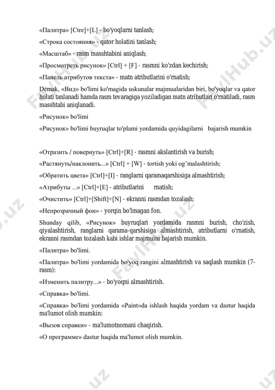 nday qilib, «risunok» buyruqlari yordamida rasmni burish, cho'zish, qiyalashtirish, ranglarni qarama-qarshisiga almashtirish, atributlarni o'rnatish, ekranni rasmdan tozalash kabi ishlar majmuini bajarish mumkin. «palitra» bo'limi. «palitra» bo'limi yordamida bo'yoq rangini almashtirish va saqlash mumkin (7- rasm): «izmenit palitru...» - bo'yoqni almashtirish. «spravka» bo'limi. «spravka» bo'limi yordamida «paint»da ishlash haqida yordam va dastur haqida ma'lumot olish mumkin: «vizov spravki» - ma'lumotnomani chaqirish. «o programme» dastur haqida ma'lumot olish mumkin. misollar. 1. to'g'ri chiziq elementlarini chizish. to'g'ri chiziq elementlarini chizish uchun uskunalar majmuasidan dastlab «\» belgi tanlanadi (8-rasm), so'ngra chiziq qalinligi hamda bo'yoq «palitra» tanlanadi. «sichqoncha» ko'rsatkichini uning tugmachasini bosgan holda kerakli joyga siljitib, to'g'ri chiziq elementlarini chizish mumkin. 2. to'g'ri to'rtburchak chizish. to'g'ri to'rtburchak chizish uchun uskunalar majmuasidan □ belgi tanlanadi so'ngra chiziq qalinligi va kerakli bo'yoq tanlanadi. «sichqoncha» ko'rsatkichini paint ish stolining kerakli joyiga qo'yib, uning tugmachasini bosgan holda kerakli joyga siljitib, lozim bo'lgan to'g'ri to'rtburchakni chizish mumkin. mazkur tasvirlarni chizish …
