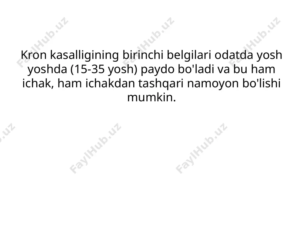 ning ta'siri uni qo'llash boshlanganidan 12 hafta o'tgach paydo bo'ladi. siklosporinni tomir ichiga yuborish yoki yuqori dozalarni og'iz orqali yuborish kron kasalligining faolligini ancha tez kamaytiradi, ammo siklosporinni olib tashlash 1 oy ichida kasallikning yangi kuchayishiga olib keladi. immunosupressiv terapiyaning asosiy yon ta'siri - pankreatit, suyak iligi gematopoezini bostirish va dori-darmonli gepatit; bundan tashqari, azatioprin va 6-merkaptopurin bilan davolash paytida malign limfomalar va boshqa o'smalarni rivojlanish xavfi ortishi qayd etilgan va siklosporinni qo'llashda hodgkin bo'lmagan limfoma rivojlanish xavfi ortadi va neyrotoksik ta'sir ham kuzatiladi. yana bir sitostatik dori, metotreksat, kron kasalligida ham sinovdan o'tgan. kron kasalligi bilan og'rigan bemorlarga haftada 25 mg metotreksat parenteral yuborish (teri ostiga yoki mushak ichiga) sezilarli darajada ijobiy klinik ta'sir ko'rsatdi. kichikroq dozalarda (15 mg) preparat klinik remissiyani saqlab qolish uchun ham qo'llaniladi. shu bilan birga, preparatni og'iz orqali yuborish samarasizdir. davolash paytida qon hujayralari sonini va jigar markerlarini diqqat bilan kuzatib borish kerak. parenteral …
