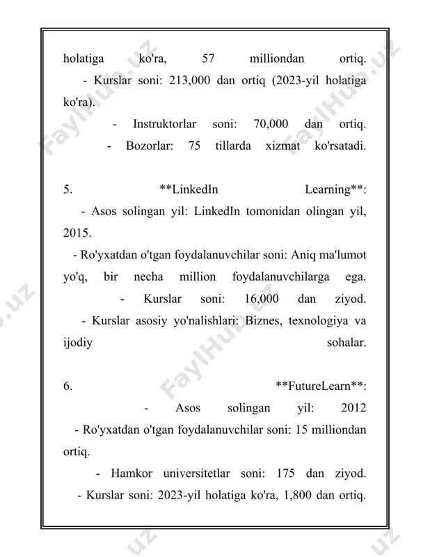 idan foydalanishni talab qilish sababli talabalar komp'yuterlar va internet bilan yanada ko'proq tajriba hosil qiladi. bu esa ularga zamonaviy ish o'rinlarida ko‘pik talab qilinadigan texnik ko‘nikmalarni o‘zlashtirishga yordam beradi. 6. **moslashuvchan jadval**: masofaviy ta'lim talabalar uchun darslarni o‘z vaqtiga moslashtirish imkoniyatini beradi. statistik ma’lumotlarga ko‘ra, masofaviy ta'lim oluvchilarning 70% dan ortig‘i ta’lim jarayonini ish, oila va boshqa majburiyatlarga moslashtira oladi. 7. **talabalar sonidagi cheklovlarning yo‘qligi**: an’anaviy ta'limda auditoriya hajmi yoki boshqa infratuzilma cheklovlaridan kelib chiqib talabalar soniga chegaralar qo‘yiladi. masofaviy ta'lim esa bunday cheklovlardan xoli bo‘lganligi sababli bir darsda minglab talabalar qatnashishi mumkin. 8. **turli manbalarga kirish imkoniyati**: masofaviy ta'lim resurslari qo‘shimcha materiallarga, onlayn kutubxonalarga, ilmiy maqolalarga kirish imkonini beradi, bu esa o‘quvchilar bilimini kengaytiradi va mustaqil o‘qish ko‘nikmalarini oshiradi. 9. **o‘qituvchilarning malakasini oshirish**: masofaviy ta'lim o‘qituvchilarni yangi pedagogik texnologiyalar bilan tanishtiradi va ularga o‘z metodikalarini oshirishlari imkonini beradi. bu afzalliklar masofaviy ta'limning kelajakdagi rivojlanishi va ommaviylashishiga turtki bo‘ladi. masofaviy …
