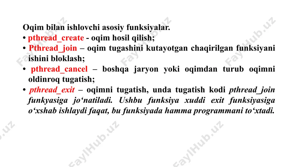 a ko‘ra: parallel oqimlar (parallel threads): har bir oqim mustaqil ishlaydi va bir vaqtning o‘zida turli protsessor yadrolarida bajarilishi mumkin. kooperativ oqimlar (cooperative threads): oqimlar bir-biriga joy bo‘shatish orqali ishlaydi. ya’ni, har bir oqim bajarilishi tugagach, boshqasiga navbat beradi. oqimlar bilan ishlashdagi asosiy funksiyalar va metodlar 1. oqim yaratish funksiya tavsifi pthread_create() yangi oqim (thread) yaratadi va ishga tushiradi. thread – yangi oqim identifikatori. attr – atributlar (null bo‘lsa, default qiymat). start_routine – bajariladigan funksiya. arg – funksiyaga uzatiladigan argument. oqimni bekor qilish (cancel qilish) funksiya tavsifi pthread_cancel() oqimni majburiy tugatadi. oqimlarni kutish/suspension funksiya tavsifi sleep(), usleep() belgilangan vaqt davomida oqimni to‘xtatadi. oqim sinxronizatsiyasi (synchronization) oqimlar birgalikda umumiy resurslardan foydalanganda to‘qnashuvlarni oldini olish uchun quyidagi metodlar ishlatiladi: mutexlar (mutual exclusion) funksiya tavsifi pthread_mutex_init() mutexni boshlang‘ich holatga keltiradi. pthread_mutex_lock() mutexni qulf qiladi (agar band bo‘lsa, kutadi). pthread_mutex_unlock() mutexni ochadi (qulfdan chiqaradi). pthread_mutex_destroy() mutexni yo‘q qiladi. shartli o‘zgaruvchilar (condition variables) funksiya tavsifi …