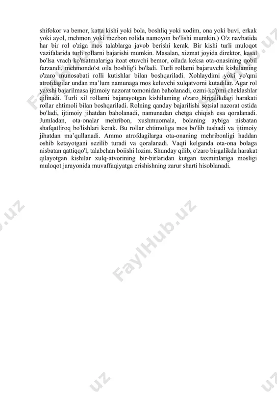 sir ko'rsatishlarini, bir-birlarini idrok qilish obyekti sifatida tahlil qiladi. uning fikricha: «shaxs turlicha munosabatlarda qarama-qarshi sifatlami namoyon qilishi mumkin.» tajribali psixolog a.a. bodalyev esa shaxs o'yinda, o'qishda, muloqotda, ya’ni faoiiyatning turli sohalarida o'zining o'mini bilishi zarurligini uqtiradi. u o'zining «shaxs va jamiyat» kitobida bu masalaga katta e’tibor berib, bu muammolar kam o'rganilganligini ta’kidlaydi. a. a. bodalyevning fikricha, «insonni muloqot orqali tarbiyalashda bu unga qanday ta’sir qilishini avvaldan o‘ylash zarur». 4.2. extiyoj, motivlar va muomalada shaxs yo‘nalganligi. muloqotning muvaffaqiyatli bo‘lishida shaxsning shakllangan sifatlari, fazilatlarining ahamiyati juda katta. jumladan, shaxsda ijobiy fazilatlar yaxshi shakllangan bo'lsa (xushmuomalalik, kamtarlik,insonparvarlik, to'g'ri so'zlilik, vijdonlihk kabilar) muloqot jarayoni yaxshi o'tadi. chunki shaxslar bir-birini to'g'ri tushunishlari uchun, muloqot muvaffaqiyatli bo'lishi uchun ular samimiy bo'lishlari lozim.samimiylik insonning eng ajoyib fazilatlaridan biri bo'lib, voqeahodisalarga oqilona munosabatda bo'lish, turli ta’sirlarga berilmaslikdir. muloqot maqsadlari kishilaming birgalikdagi faoliyat ehtiyojlariniaks ettiradi. bu hoi quruq safsatabozlikning, ya’ni fatik muloqotning,kommunikatsiya vositalarining birgina muloqot jarayonining o'zini hosil …