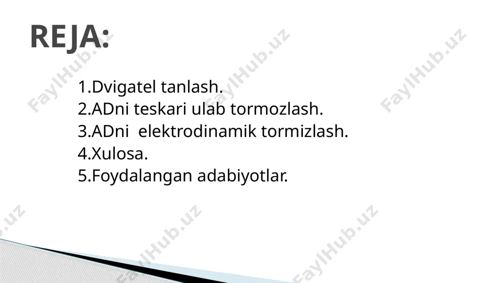 an eykni hosil qiladi. ih =184,1a k i_= i1h bu erda, k- stator chulg’amlarini ulanish sxemasini hisobga oluvchi koeffitsient:k= 0,82 yulduz shaklida, k= 1,23 uchburchak shaklida. o’zgarmas tok kuchlanishi: u= ki1h r1 ekvivalent o’zgaruvchan tok; ie = i_/k=224,5 a dinamik tormozlashdagi kritik sirpanish quyidagicha hisoblanadi = (62,8+(-57))/62,8=0,09 dinamik tormozlashdagi mexanik xarakteristikalar ham kloss tenglamasi yordamida hisoblanadi m=2 mmax/(s/skd+ skd/s)= 2*4335/(0,09/0,1+0,1/0,09)=4311 [n*m] =62,8*0,1=6,3 [rad/sek] adni dinamik tormozlash sxemasi va xarateristikalari. elektr yuritmani reostatli ishga tushirishdagi o’tkinchi jarayonlarni hisoblash. elektr yuritmani ishga tushirishda aylanish tezligi, tok va moment vaqtga bog’liq ravishda o’zgaradi. ω = f(t), i = f(t), m=f(t) bog’lanishlarni differentsial tenglamalarni echib hosil qilish mumkin: elektr yuritmani harakati tenglamasi m = cj; m = mc + j(dω/dt); yakor zanjirining turgunlik tenglamasi u = cω + jr; tezlik tenglamasi ωc = ω + tm (dω/dt) bu tenglamalarni echimi o’tkinchi jarayondagi tezlik, tok va momrnt tenglamalarini beradi: =1707(1-)+1724=1713 n*m bu erda,- tezlik, tok …