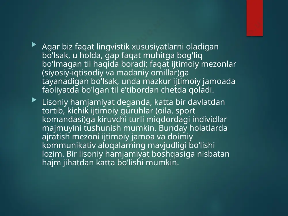 iy jihatdan nufuzli hisoblanadi. madaniyatning tarkibiy qismi boʻlgan adabiy tilda milliy til kommunikativ tarmoqlarining barcha vakillari so'zlashadi. adabiy til tarqalishining yetakchi manbalari ta'lim (maktab, o'quv yurtlari va h.k.) hamda ommaviy axborot vositalari (matbuot, radio va televideniye) hisoblanadi. lisoniy ijtimoiylashuv jamiyatning a'zosi sifatida individning hayoti u tug'ilgan va tarbiyalanayotgan oilada rol muomalasini, o'zini qayerda qanday tutishni o'rganishdan boshlanadi. xuddi ana shu yerdan shaxsning ijtimoiylashuv jarayoni yashashi va harakat qilishi kutilayotgan jamiyatga kirishi boshlanadi. ijtimoiylashuv individning asta-sekin o'zi uchun yangi boʻlgan guruhlarga kirishi va yangi rollarni oʻzlashtirish jarayonidir. ijtimoiylashuv jarayonining muhim tarkibiy qismlaridan biri lisoniy ijtimoiylashuv bo'lib, u muayyan jamiyatda qo'llaniladigan tilni o'zlashtirish va undan foydalanish qoidalarini u yoki bu ijtimoiy rolni ijrosiga muvofiq ishlatishini ifodalaydi. xullas, sotsiolingvistikada qo'llaniladigan ayrim tushunchalar psixolingvistika, sotsiologiya va ijtimoiy psixologiya sohalaridan o'zlashtirilgan bo'lib, ular tilning mavjud ijtimoiy sharoitlar bilan bog'liqligini o'rganishda muhim ahamiyat kasb etadi. lisoniy vaziyat lisoniy vaziyat tushunchasi 30-yillarda osiyo va afrika tillari bilan …