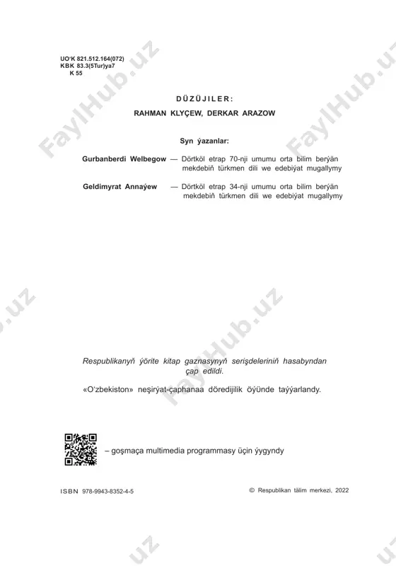 ..............................................................................37 8-nji sapak. gafur gulamyň «meniň ogruja oglum» hekaýasynyň mazmunyny özleşdirmek ......................................................................................................................................40 9-njy sapak. barlag beýannamasyny ýazmak. ............................................................................43 10-njy sapak. ýalňyşlar üstünde işlemek. ...................................................................................47 11-nji sapak. l.n. tolstoýyň «kawkaz ýesiri» powestiniň mazmunyny özleşdirmek. ..............48 12-nji sapak. anna paýtygyň «ýurt eýesi» powestiniň i bölüminiň mazmunyny özleşdirmek ......................................................................................................................................53 13-nji sapak. anna paýtygyň «ýurt eýesi» powestiniň ii bölüminiň mazmunyny özleşdirmek ......................................................................................................................................55 14-nji sapak. özbaşdak okalan çeper eserleri ara alyp maslahatlaşmak. ..............................58 15-nji sapak. gaýtalamak. ............................................................................................................60 16-njy sapak. halk aýdymlary. «bibijan» halk aýdymynyň mazmunyny özleşdirmek .............63 17-nji sapak. «bolma» halk aýdymynyň mazmunyny özleşdirmek. ..........................................65 18-nji sapak. «bag seýline geledir» halk aýdymynyň mazmunyny özleşdirmek. ....................66 19-njy sapak. magtymgulynyň «näler görüner» goşgusynyň mazmunyny özleşdirmek ......................................................................................................................................68 20-nji sapak. şahyryň «at ýanynda bellidir» goşgusynyň mazmunyny özleşdirmek ...................................................................................