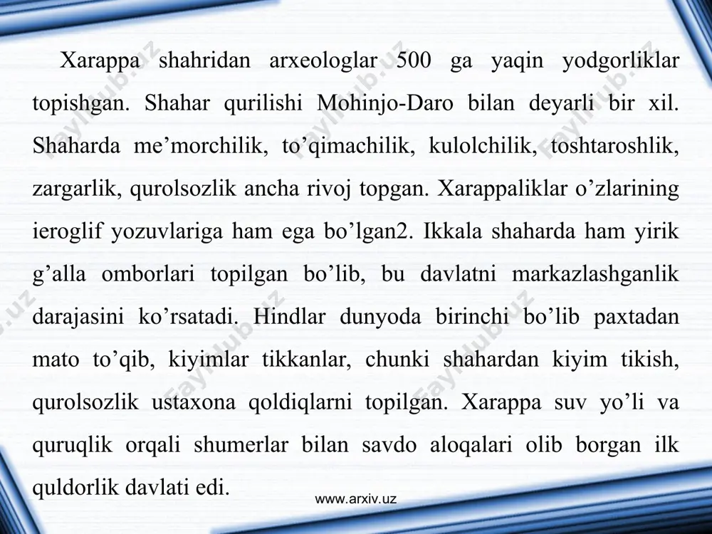 o’plab tashvishlar keltirganligi uchun unga xitoyliklar «tentak daryo», «xitoyning sho’ri», «ming xil kulfat keltiruvchi daryo» deb nom berishgan. shu daryolarning bo’ylaridagi erlar unumdor bo’lib, ilk dehqochilik vujudga kelgan. bu o’lka qadimdan o’simliklar va hayvonot olamiga boy, er osti qazilma boyliklari ham mashhur bo’lgan. www.arxiv.uz www.arxiv.uz www.arxiv.uz www.arxiv.uz xitoy tsivilizatsiyasi mil.avv. 3 ming yillik oxirida shakllandi. xitoy tarixini tarixchi sima tsyan o’z «tarixiy xotiralar» asarida sulolaviy davrlarga bo’lgan. qadimgi xitoyda qo’hna mesopatamiya va misr singari qadimiy o’ziga xos madaniyat yaratilgan. xitoyliklar shan sulolasi davrida (mil.avv. 2 minginchi yil o’rtalarida) ieroglif yozuvini yaratganlar. bu yozuv bir necha o’n ming belgi-ierogliflardan iborat. milodning i asrigacha bu ierogliflar hozirgi yozuv ko’rinishiga ega bo’ldi. qadimgi xitoy yozuvi asosida keyinchalik koreya, v’etnam va yapon yozuvlari paydo bo’ldi. www.arxiv.uz www.arxiv.uz chjou davrida xitoyda metall tangalarni (dunyoda birinchi marta) muomalaga chiqarildi3. dengizlarda suzish uchun kompas ixtiro qilingan (uning strelkasi shimolni emas, janubni ko’rsatgan). dunyoda birinchi bo’lib, xitoyda porox …