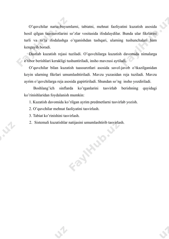 ’qilgan asar yuzasi​dan savol-javob o’tkaziladi. ayrim o’quvchilarga asar mazmuni gapirtiriladi. so’ng insho yozish tavsiya etiladi. keyinchalik esa o’quvchilarga o’qilgan matn yuza-sidan savol-javoblarsiz mustaqil insho yozish tavsiya qilinadi. lekin dastlabki paytlarda o’qituvchi o’quvchilarga qisman yordam berib turadi. maqola yozish 3-4-sinf o’quvchilariga sinf hayoti va o’quvchilar faoliyati haqida, uyin va o’qishlari haqida sinf yoki maktab devoriy gazetalariga maqola yozishni o’rgatib borish ham inshoning bir ko’rinishidir. buning uchun dastlab biror mavzu tanlanib, shu mavzuga oid «g’uncha» jurnalida berilgan maqolalar o’qib-o’rganiladi. mavzu mazmuni yozishdan oldin bir necha o’quvchiga gapirtiriladi. birgalikda tuzilgan maqolani doskaga yozib, tahlil qilinadi. uni o’quvchilar daftarlariga ko’chirib yozadilar. shundan keyin uyda shunga o’xshash maqola yozib kelish topshirig’i beriladi. shu tarzda o’quvchilar qisqa hajmli xat-xabar va maqola yozish malakalarini egallaydilar. o’quvchilarni kichik yoshdan inshoning barcha turlari bilan qisman bo’lsa-da, tanishtirib borish muhim ta’lim-tarbiyaviy ahamiyatga egadir. bu ish o’quvchilarning og’zaki va yozma nutqlarining sistemali o’sib borishiga yordam beradi. yuqori sinflarda inshoni muvaffaqiyatli yozishlariga …
