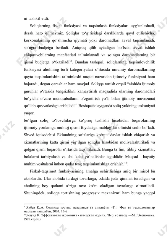 nat qo‘llab-quvvatlashga erishiladi”. boshqacha aytganda soliq yukining imkoniyati yuqori [3: яҳёев к..а. солиққа тортиш назарияси ва амалиёти. -т.: фан ва технологиялар маркази нашриёти, 2003. 15-6] bo‘lgan soliq to‘lovchilarga ko‘proq tushishi hisobidan fuqarolarning ijtimoiy yordamga muhtoj qismi foydasiga mablag‘lar olinishi sodir bo‘ladi. shved iqtisodchisi eklundning so‘zlariga ko‘ra: “davlat ishlab chiqarish va xizmatlarining katta qismi yig‘ilgan soliqlar hisobidan moliyalashtiriladi va qolgan qismi fuqarolar o‘rtasida taqsimlanadi. bunga ta’lim, tibbiy xizmatlar, bolalarni tarbiyalash va shu kabi yo‘nalishlar tegishlidir. maqsad - hayotiy muhim vositalarni imkon qadar teng taqsimlanishiga erishish”[footnoteref:4]. [4: эклунд к. эффективная экономика - шведская модель. /пер. со швед. —м.: экономика. 1991. стр.163.] fiskal-taqsimot funksiyasining amalga oshirilishiga aniq bir misol bu aksizlardir. ular alohida turdagi tovarlarga, odatda juda qimmat turadigan va aholining boy qatlami o‘ziga ravo ko‘ra oladigan tovarlarga o‘rnatiladi. shuningdek, soliqqa tortishning progressiv mexanizmi ham bunga yaqqol misoldir. iqtisodiyoti ijtimoiy yo‘naltirilgan bir qancha mamlakatlarda (shvetsiya, norvegiya, shveyцariya) soliqlar aholining ko‘p daromadli qismidan ijtimoiy …