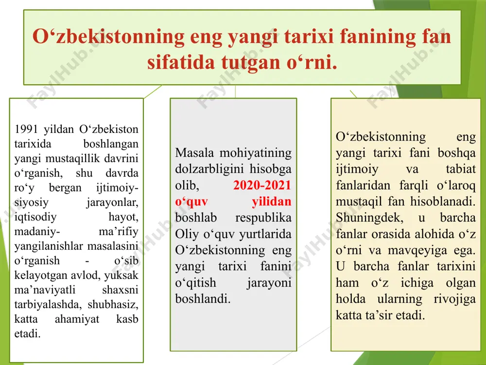 g yangi tarixi” deb atalib, ushbu davr ham o‘z ichida bir necha bosqichlardan iboratdir. mustaqil taraqqiyot davrining 3 bosqichga bo‘linishini ko‘rish mumkin. birinchi bosqich 1991-2000- yillarni o‘z ichiga olib, bu davrda mustaqillikning poydevori bunyod etilib, “o‘zbek modeli” asosida ijtimoiy-iqtisodiy taraqqiyot sari yo‘l tutildi, o‘zbekiston jahon hamjamiyati tomonidan tan olindi, milliy istiqlol mafkurasi jamiyat hayotiga keng kirib bordi. 2001-2010-yillarni o‘z ichiga olgan ikkinchi bosqich, demokratik o‘zgarishlar, iqtisodiyotni barqaror rivojlantirish, ijtimoiy-siyosiy hayot sohalarini izchil isloh qilishni ta’minlash davri bo‘ldi. o‘zbekiston tarixining yettinchi davri “o‘zbekistonning eng yangi tarixi” deb atalib, ushbu davr ham o‘z ichida bir necha bosqichlardan iboratdir. uchinchi bosqich esa 2010-yildan 2017-yilgacha bo‘lgan davr hisoblanib, bunda davlat hokimiyati va boshqaruvini demokratlashtirish, fuqarolik institutlarini rivojlantirish, bozor islohotlarini va iqtisodiyotni liberallashtirish -cuqurlashtirish davri bo‘lib qoldi. o‘zbekistonning eng yangi tarixida yuqoridagi bosqichlarga qo‘shimcha ravishda 2017-yildan keyingi davrni ham alohida jarayon sifatida qabul qilish lozim. mazkur davr tarixi 2016-yil dekabr oyida saylangan o‘zbekiston prezidenti sh.m.mirziyoyevning …