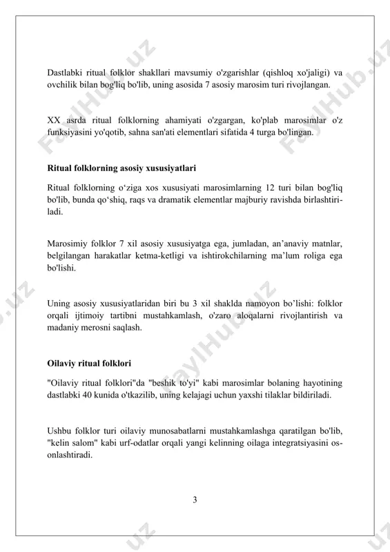 bog‘liq qadimgi e’tiqodlardir. “sovuq qirov” marosimi bahorda erta hosil olish umidi bilan bog‘liq bo‘lib, 3-5 yoshli bolalar qishning qattiq sovuqlaridan so‘ng ertalab dala bo‘ylab qo‘shiq aytib yurishadi. “yomg‘ir chaqirish” rasm-rusumlari o‘zbekistonda keng tarqalgan bo‘lib, unda 12-15 yoshdagi qizlar qo‘g‘irchoq yasab, uylar bo‘ylab aylanib, yomg‘ir tilab qo‘shiq aytishadi. mavsumiy ritual folklori "mavsumiy ritual folklori" tabiat hodisalari bilan bog'liq bo'lib, dehqonchilik siklining 4 fazasini: bahor, yoz, kuz va qishni aks ettiruvchi 12 turli marosimlarni o'z ichiga oladi. ushbu folklorning "navro'z" kabi elementlari, 21-martda nishonlanadigan yangi yil bayrami, unumdorlik va yangilanish kabi muhim e'tiqodlarni anglatadi. mavsumiy folklor tarkibiga 7 xil qo'shiq, raqs va dramatik ko'rinishlar kiradi; masalan, "boychechak" qo'shig'i bahorni chaqirish uchun ijro etiladi. kalendar ritual folklori kalendar marosim folklori yil fasllari almashinuviga bag'ishlangan bo'lib, navro'z kabi bahoriy bayramlar muhim o'rin tutadi va 13 kun davom etishi mumkin. ushbu folklor tarkibiga dehqonchilik, chorvachilik bilan bog'liq urf-odatlar, masalan, hosildorlikni oshirish uchun qo'shiqlar va raqslar …