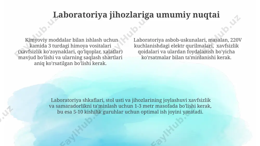 muhitda elektr toki urishi xavfi sezilarli darajada ortadi. elektr jihozlarini ta'mirlash yoki ulardan foydalanishdan oldin, har doim elektr tarmog'idan uzib qo'yish kerak. bu elektr toki urishi xavfini 90% ga kamaytiradi. shaxsiy himoya vositalari ba'zi shaxsiy himoya vositalari, masalan, respiratorlar, havo yo'llarini zararli moddalardan himoya qilish uchun zarur bo'lib, ularning to'g'ri tanlanishi va ishlatilishi juda muhimdir (filtrlash darajasi: ffp1, ffp2, ffp3). shaxsiy himoya vositalaridan foydalanishdan oldin ularning butunligini tekshirish va zarur bo'lganda yangilarini almashtirish kerak, chunki bu sizning xavfsizligingizni ta'minlaydigan 1-darajali omil hisoblanadi. shaxsiy himoya vositalarining 3 xili – ko'z himoyasi (masalan, himoya ko'zoynaklari yoki niqoblar), qo'lqoplar (kimyoviy chidamlilik darajasi kamida 3 bo'lishi kerak) va laboratoriya paltolari – ishlatilayotgan moddalarga qarab tanlanishi lozim. laboratoriya qoidalarini buzganlik uchun javobgarlik laboratoriya jihozlarini shikastlash yoki o'g'irlash, moddiy zarar miqdoridan qat'iy nazar, ma'muriy yoki jinoyat javobgarligiga, 300 ming so'mdan 10 million so'mgacha jarima yoki hibsga olinishiga olib kelishi mumkin. kimyoviy moddalar bilan ishlash qoidalarini buzganlik …