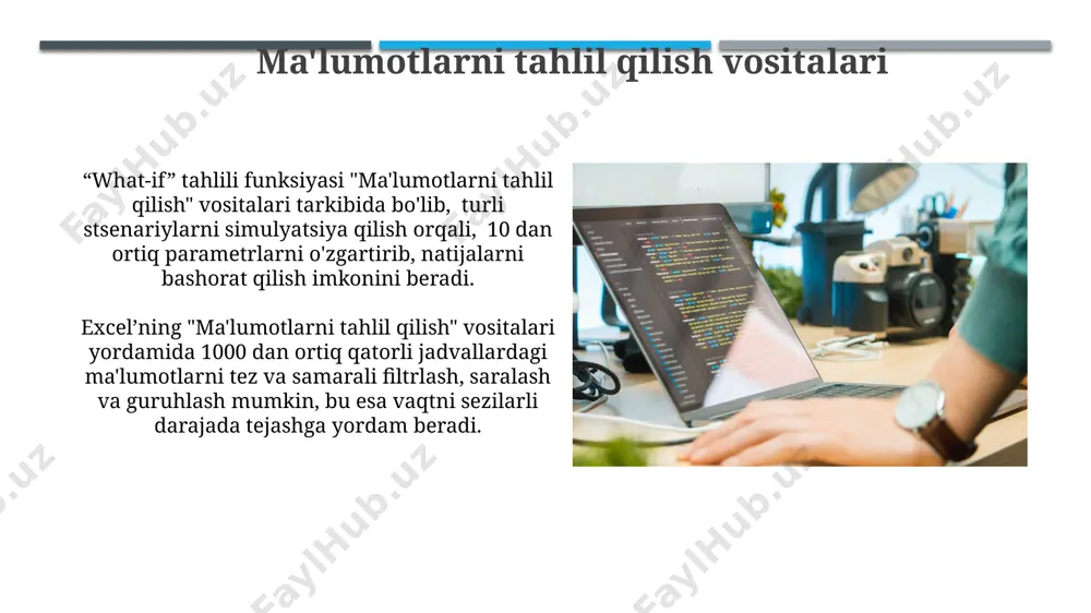 lumotlarning 20% ini tezkor tahlil qilish imkonini beradi. filtrlash funksiyasi yordamida ma'lumotlar jadvalidan kerakli mezonlarga javob beradigan 5000 tagacha qatorni tezda ajratib olish va boshqa ma'lumotlardan yashirish mumkin, bu esa ma'lumotlarni tahlil qilish vaqtini sezilarli darajada qisqartiradi. formulalar va funksiyalar katta hajmdagi ma'lumotlar bilan ishlashda, masalan, 10000 qatordan ortiq ma'lumotlarni qayta ishlashda, massiv formulalari va matritsali funksiyalarning samaradorligi yuqori bo'ladi. if, vlookup va sum kabi asosiy formulalar va funksiyalar yordamida ma'lumotlarni tahlil qilish va hisobotlar tayyorlash jarayonini sezilarli darajada tezlashtirish mumkin. e'tiboringiz uchun rahmat @taqdimot_robot image1.jpg image2.jpg image3.jpg image4.jpg image5.jpg image6.jpg image7.jpg image8.jpg image9.jpg image10.jpg image11.jpg image12.jpg image13.jpg image14.jpg image15.jpg