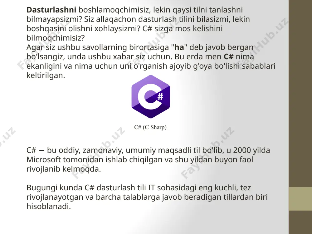 yozgan bo'lsangiz, siz ikkita dastur o'rtasida asosiy kodning bitlarini osongina baham ko'rishingiz va ularni tezroq saqlashni osonlashtirasiz. c# har qanday narsani qilish uchun juda yaxshi har tomonlama til. o'rganish oson va c# dasturchilariga talab juda ko'p. umid qilamanki, bu sizni c# − bu sizning repertuaringizga qo'shishingiz yoki dasturlash faoliyatingizni boshlashingiz uchun kerak bo'lgan til hisoblanadi! 2. windows forms va undagi komponentlar windows forms .net framework uchun aqlli mijoz texnologiyasi, fayl tizimiga o'qish va yozish kabi oddiy dastur vazifalarini soddalashtiradigan boshqariladigan kutubxonalar to'plami. visual studio kabi ishlab chiqish muhitidan foydalanganda siz ma'lumotlarni aks ettiradigan, foydalanuvchilarning ma'lumotlarini talab qiladigan va tarmoq orqali uzoq kompyuterlar bilan aloqa o'rnatadigan windows forms smart-mijoz dasturlarini yaratishingiz mumkin. windows forms da forma − bu foydalanuvchiga ma'lumot ko'rsatadigan ingl. siz odatda windows forms dasturlarini shakllarga boshqaruv elementlarini qo'shish va sichqonchani bosish yoki tugmachalarni bosish kabi foydalanuvchi harakatlariga javoblarni ishlab chiqish orqali yaratasiz. windows forms-da microsoft office kabi yuqori …