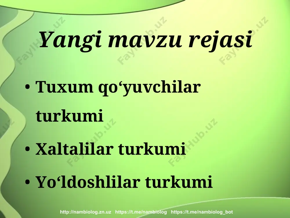 arni qabul qilib bir-birlari bilan muloqot qiladilar. http://nambiolog.zn.uz https://t.me/nambiolog https://t.me/nambiolog_bot kitsimonlar turkumi vakillari http://nambiolog.zn.uz https://t.me/nambiolog https://t.me/nambiolog_bot ko`k kit kashalot kasatka delfin * yangi mavzuni mustahkamlash tuxum qo‘yuvchilar qanday tuzilgan? o‘rdakburun qanday hayot kechiradi? xaltalilar qanday tuzilgan? tuxum qo‘yuvchilar va xaltalilar qayerda tarqalgan? yo‘ldoshlilar uchun xos xususiyatlar nimadan iborat? http://nambiolog.zn.uz https://t.me/nambiolog https://t.me/nambiolog_bot uyga vazifa 1.”qushlar” va “sutemizuvchilar” mavzulari boyicha yozma ishga tayyorgarlik ko’rish. 2.ixtiyoriy: «dunyodagi rekordchi sutemizuvchilar» , «yirtqich sutemizuvchilar», «qizil kitobga kiritilgan sutemizuvchilar» mavzularida krossvord yoki prezentatsiya tayyorlash. http://nambiolog.zn.uz https://t.me/nambiolog https://t.me/nambiolog_bot e’tiboringiz uchun rahmat! http://nambiolog.zn.uz https://t.me/nambiolog https://t.me/nambiolog_bot