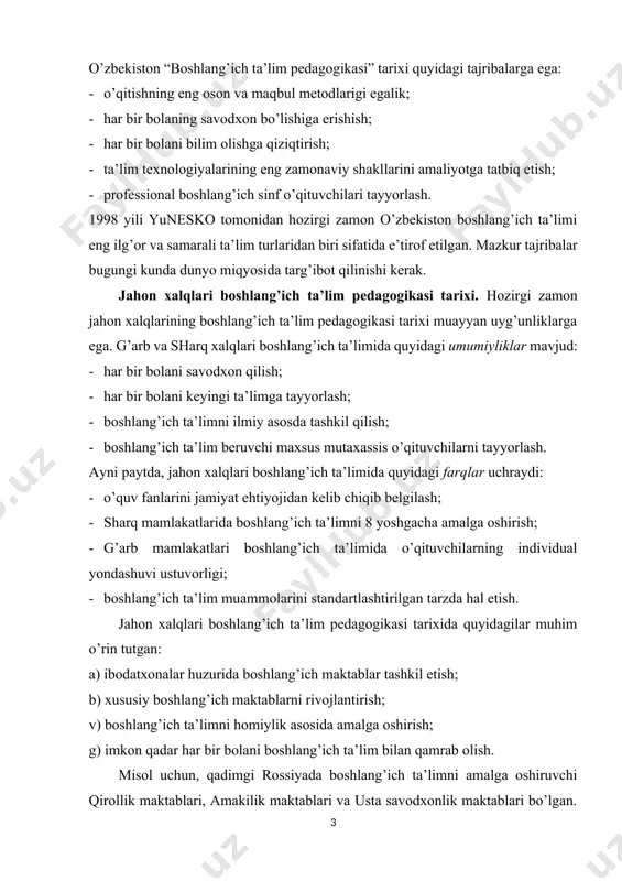 boshlang’ich ta’lim bilan qamrab olish. misol uchun, qadimgi rossiyada boshlang’ich ta’limni amalga oshiruvchi qirollik maktablari, amakilik maktablari va usta savodxonlik maktablari bo’lgan. buning natijasida rossiyada barcha maktab yoshidagi bolalar boshlang’ich ta’lim bilan qamrab olingan. evropa mamlakatlari ichida germaniya boshlang’ich ta’lim pedagogikasi juda boy tajribalarga egaligi bilan ajralib turadi. ushbu mamlakatning boshlang’ich ta’limidan boshlab bolalar ongiga kiborlik tuyg’usi singdiriladi. frantsiya boshlang’ich ta’lim pedagogikasida o’quvchilarni janoblik va xonimlik qadriyatlari asosida voyaga yetkazishga e’tibor qaratiladi. buning natijasida frantsuz xalqi yevropa mamlakatlarining eng madaniyatli aholisi deb e’tirof etilgan. jahon xalqlari boshlang’ich ta’limi tajribalari bugungi kunda barcha xalqlar tomonidan e’tirof etiladi. chunki bunga quyidagilar sabab: · boshlang’ich ta’limga juda ko’p miqdorda moliyaviy mablag’ ajratish; · boshlang’ich ta’limga eng zamonaviy texnologiya yutuqlarini tatbiq etish; · boshlang’ich ta’limning davlat nazoratiga olinganligi; · boshlang’ich ta’limning dunyoviy xarakterda ekanligi. ayni paytda, qashshoqlik tufayli afrika qit’asidagi bolalar boshlang’ich ta’lim olishdan mahrum. bu masala 2000 yildan boshlab yunesko nazoratiga olindi. unga …