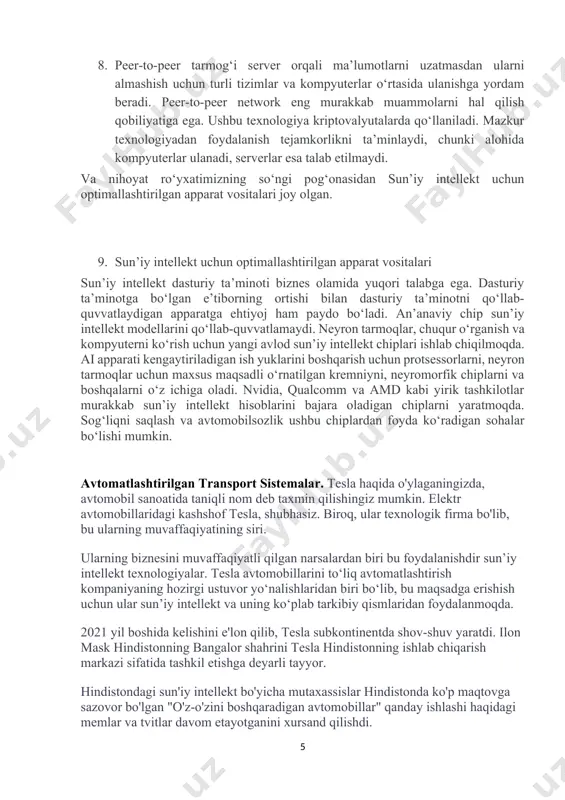 o‘yxatimizning so‘ngi pog‘onasidan sun’iy intellekt uchun optimallashtirilgan apparat vositalari joy olgan. 9. sun’iy intellekt uchun optimallashtirilgan apparat vositalari sun’iy intellekt dasturiy ta’minoti biznes olamida yuqori talabga ega. dasturiy ta’minotga bo‘lgan e’tiborning ortishi bilan dasturiy ta’minotni qo‘llab-quvvatlaydigan apparatga ehtiyoj ham paydo bo‘ladi. an’anaviy chip sun’iy intellekt modellarini qo‘llab-quvvatlamaydi. neyron tarmoqlar, chuqur o‘rganish va kompyuterni ko‘rish uchun yangi avlod sun’iy intellekt chiplari ishlab chiqilmoqda. ai apparati kengaytiriladigan ish yuklarini boshqarish uchun protsessorlarni, neyron tarmoqlar uchun maxsus maqsadli o‘rnatilgan kremniyni, neyromorfik chiplarni va boshqalarni o‘z ichiga oladi. nvidia, qualcomm va amd kabi yirik tashkilotlar murakkab sun’iy intellekt hisoblarini bajara oladigan chiplarni yaratmoqda. sog‘liqni saqlash va avtomobilsozlik ushbu chiplardan foyda ko‘radigan sohalar bo‘lishi mumkin. avtomatlashtirilgan transport sistemalar. tesla haqida o'ylaganingizda, avtomobil sanoatida taniqli nom deb taxmin qilishingiz mumkin. elektr avtomobillaridagi kashshof tesla, shubhasiz. biroq, ular texnologik firma bo'lib, bu ularning muvaffaqiyatining siri. ularning biznesini muvaffaqiyatli qilgan narsalardan biri bu foydalanishdir sun’iy intellekt texnologiyalar. tesla …