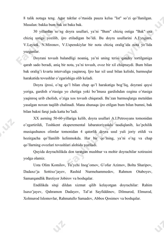 dilmurod, elmurod, xolmurod islomovlar, rahmatullo samadov, abbos qosimov va boshqalar. nog’ora nog’ora-urib chalinadigan o’zbek xalq musiqa asbobi hisoblanadi. halq cholg’ularining paydo bo’lish tarixi esa eramizdan avvalgi ii ming yillikda dunyoga kelgan, deb taxmin qilinadi. musiqachilikda dastlab urma zarbli cholg’u asboblarn paydo bo’lgan. chunki eng qadimgi mehnat qo’shiqlari, shuningdek, ovga chiqishlar ritmik tuzilishi bilan bevosita bog’liq bo’lgan. nog’oraga o’xshash cholg’ular bilan shovqinli cholg’ular ham o’sha paytda paydo bo’lgan. xv-xvii asr yozma yodgorliklari, tasvrfiy san’atda va adabiy merosimizda ildizlari uzoq o’tmishga borib taqaluvchi musiqa cholg’ularining asosiy tiplarini barqarorligini tasdiqlovchi boy manba berilgan. ikki guruhga bo’lingan cholg’u ansambli mavjudligi ko’rsatilgan. birinchi doyra va nay jo’rligida, ansambl (xonaki tipdan) ikkinchi damli va urma zarbli cholg’ular (karnay, surnay, bo’laman, doyra, nog’ora) ansambli. ansamblning ikkinchi tipi ko’proq harbiy orkestr sifatida foydalanilgan. buni quyidagi satrlar tasvirlaydi: "karnay va nog’oralar chalindi, saf tortgan sipohlar bir ovozda uch karra harbiy xitobni takrorlaydilar". (boburnoma toshkent., 1948 yil 100 bet) nog’oraning …