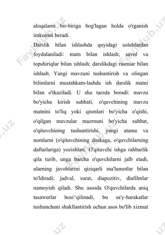 ko'ra bolalarni har bir rasmni diqqat bilan ko'rishga o'rgatish kerak. o'quvchilar darslikdagi har bir rasmni tahlil qila olishlari lozim. bu ish matnni o'rganish bilan bir vaqtda olib boriladi. ba'zan matnni o'rganishdan keyin, ayrim hollarda esa oldin o'tkaziladi. barcha tasvirlar darslik matniga muvofiq keladi, ularning mazmunini tushuntiradi, aniqlayd: va to'idiradi. rasmlarga oid savol va topshiriqlar ham g'oyatda muhimdir, chunki ular o'quvchilarning bilish faoliyatlarini yo'naltiradi va sinfda hamda uyda tasvirlar ustida mustaqil ishlashga yordam beradi. ko'rgazmali qurollar va tabiatshunoslik darslarida ulardan foydalanish. inson tabiat jismlari va hodisalari olamida yashaydi, ular bilan har kuni munosabatda bo'ladi. atrof olamda o'zini to'g'ri tushuna bilish uchun odamlar ayrim jism yoki hodisa (daraxt, tosh, hayvon va hokazolar)ni ham, bir-biriga bog'liq bo'lgan jism yoki hodisalar kompleksi (ko'cha, park, xiyobon, surat va hokazolar)ni ham qabul qila olishlari kerak. qabul qilish — odam tornonidan atrof olam jismlari va hodisaiarini sezgi a'zolariga bevosita ta'sir qilishi natijasida his etishidir. kichik yoshdagi maktab …