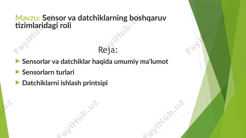 yoki doimiy o‘zgarishlarga asoslangan kuchlanish yoki oqim signallari, to‘liq spektrdagi fizik kattaliklarni o‘lchashda ishlatiladi. raqamli signallar binar kod ko‘rinishidagi diskret signallar bo‘lib, yuqori ishonchlilik va signalni oson uzatishga imkon beradi. transformatsiya jarayoni datchiklar fizik o‘zgarishni dastlab analog signalga aylantiradi, keyin analog-raqamli konvertor yordamida raqamli signalga o'tkaziladi. 6 boshqaruv tizimlarida sensorlarning ahamiyati ma'lumot yig‘ish tizimning holatini real vaqtda monitoring qilish uchun ishonchli ma'lumotlar to‘planadi. qaror qabul qilish sensorlar yuborgan ma'lumotlarga asoslangan avtomatlashtirilgan boshqaruv qarorlari qabul qilinadi. jarayonni boshqarish tizim parametrlarini sozlash va optimallashtirish orqali samarali ishlash ta'minlanadi. 7 sensorlar orqali ma'lumot yig'ish va qayta ishlash 1 signal qabul qilish sensorlar muhitdan olingan ma'lumotlarni boshqaruv tizimiga yuboradi. 2 ma'lumotni filtrlash signaldagi shovqin va xatoliklar aniqlanib, tozalangan ma'lumot tayyorlanadi. 3 tahlil va ishlov berish dasturiy ta'minot tizimda kerakli hisob-kitob va tahlillarni bajaradi. 4 chora ko‘rish boshqaruv tizimi holatni optimallashtirish uchun o‘zgarishlar kiritadi. 8 sensorlar va datchiklarni dasturlash va sozlash yozish va sozlash sensorlarni …