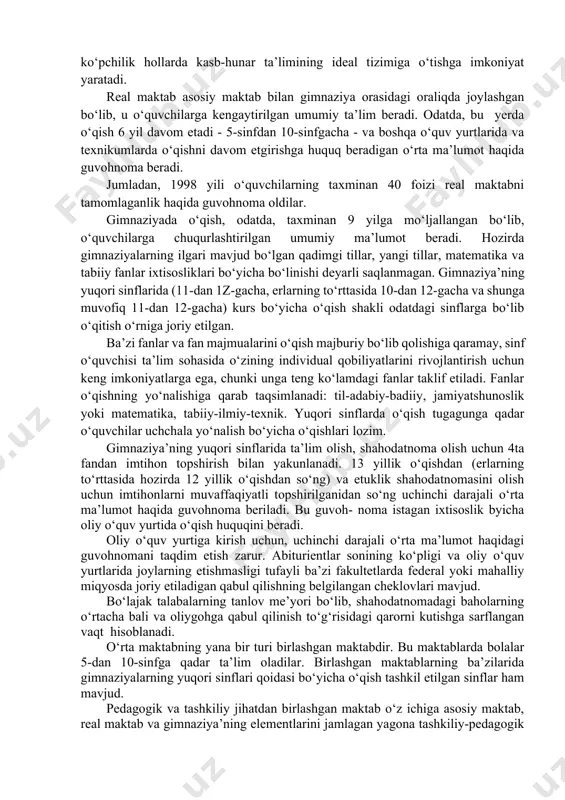 insonni kamol toptirish maqsadida guruhda o‘qishdir. bolalar bog‘chalari oiladagi tarbiya’ni qo‘llab-quvvatlashga, shuningdek boshqa keyingi hayoti va ta’lim olishi uchun eng yaxshi imkoniyatlarni yaratish uchun uning rivojlanishidagi kamchiliklarning o‘rnini to‘ldirishga qaratilgan. odatda, bolalar bog‘chasida bolalar tushlikka qadar bo‘ladilar. faqat ba’zi birlarida ular kun bo‘yi bo‘lishlari mumkin. 1996 yildan boshlab bolalar bog‘chasiga qatnash uchun huquqiy me’yorlar ishlab chiqildi. bolalar bog‘chasiga farzandlarni berish ixtiyoriy ravishda amalga oshiriladi. bolalar bog‘chasiga qatnash uchun ota-onalardan ularning daromadiga qarab ma’lum miqdorda to‘lov olinadi. maktab ta’limi tizimi. boshlang‘ich maktabga bolalar 6 yoshdan keladilar. odatda ular boshlang‘ich maktabda 4 yil (berlin va branderburgda — 6 yil) ta’lim oladilar. ko‘pchilik yerlarda bolalarga o‘qishning boshlang‘ich ikki yili mobaynida baho qo‘yilmaydi, buning o‘rniga ularning o‘zlashtirishiga batafsil tavsifnoma beriladi. boshlang‘ich maktabda o‘qiganlaridan so‘ng bolalar umumta’lim maktabining 2-pog‘onasiga boradilar. 5- va 6-sinflar, ularning tashkiliy jihatidan qat’iy nazar, avvalombor, bu bola kamol topadigan davr bo‘lib xizmat qiladi, bolaning ustidan uning keyingi o‘qish shakliga yo‘naltirish maqsadida …
