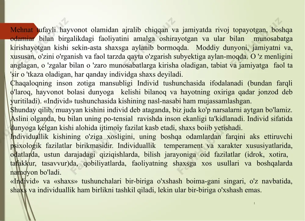 olinadi. bunday psi­xologik maktablar va yp'nalishlaming vakillari individuallikning tuzi­lishi aniq ta'riflab berilsa bas, bu kishining shaxsini to'lig'icha o'z ichiga oladi va ta'riflab beradi, degan nuqtai nazarni ilgari suradilar. haqiqatda esa, agar shaxs hamisha o'zining muayyan ijtimoiy muhiti bilan «haqiqiy munosabatlar» subyekt sifatida namoyon bo'li-shi inobatga olinadigan bo'lsa, shaxsning tuzilishiga muayyan ijtimoiy guruhlar, jarhoalar faoliyati va munosabatida tarkib topadigan ana shu «haqiqiy munosabatlar» va aloqalar muqarrar tarzda kiritilishi shart. jurhladan, psixologiyada individuallikning ko'pgina xislatlari -moslashuvchanlik, tajovuzkorlik, moyillik darajasi, tashvishlanish va shular kabilar aniqlangan. bular jamlanib individning o'ziga xosligini ko'rsatadi. shunday qilib, inson shaxsining tuzilishi individuallikning tuzili­shiga qaraganda keng ekanligi shubhasiz. shu boisdan bunga, birinchi navbatda, uning individualligini ko'rsatadigan va faqat ehtirosda, ich-ki qiyofada, qobiliyatlarda va boshqalarda ancha keng ifodalanadigan fazilatlari va umumiy tuzilishigina emas, balki shaxsning rivojlanish darajasi har xil bo'lgan guruhlarda, guruh uchun yetakchi hisoblangan faoliyat orqali ifodalanadigan individlararo munosabatlarda o'zini namoyon etishini ham qo'shish shart. individuallik tarzida shaxsni tadqiq …