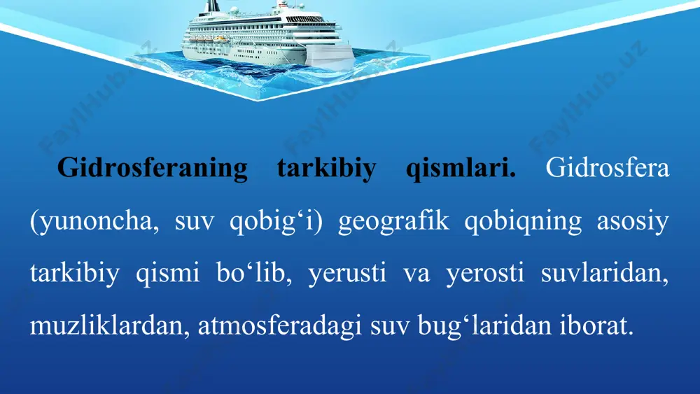 o‘tadi. this presentation uses a free template provided by fppt.com www.free-power-point-templates.com kilimanjaro vulqonini 4 500 m balandligidan boshlab qor va muz o‘rab olgan. qutblarda qor chizig‘i dengiz sathiga baravarlashadi. yerosti suvlari yog‘inlarning yer po‘stiga shimilishidan hosil bo‘ladi. lekin kelib chiqishiga ko‘ra magmatik xususiyatga ega bo‘lgan geyzerlar ham yerosti suvlari qatoriga kiradi. yerosti suvlarining gidrosferadagi ulushi 1,7 % ni tashkil etadi. ular suvli qatlam (qum, shag‘al, tosh)larda to‘planadi. this presentation uses a free template provided by fppt.com www.free-power-point-templates.com agar suv o‘tkazmaydigan qatlam (gil)lar orasida joylashsa, artezian havzalarini hosil qiladi. deyarli barcha tekisliklarda va tog‘ oralig‘i botiqlarida yerosti suv havzalari mavjud. ularning ayrimlari shifobaxsh mineral suvlardir. this presentation uses a free template provided by fppt.com www.free-power-point-templates.com ko‘p yillik muzloq yerlar tuproq, cho‘kindi jinslar bilan yerosti suvlarining birgalikda muzlab qolishidan hosil bo‘ladi. ular shimoliy amerika va yevrosiyoning shimoliy qismida katta maydonlarni egallaydi. ularning qalinligi 0 metrdan 1 500 metrgacha boradi.