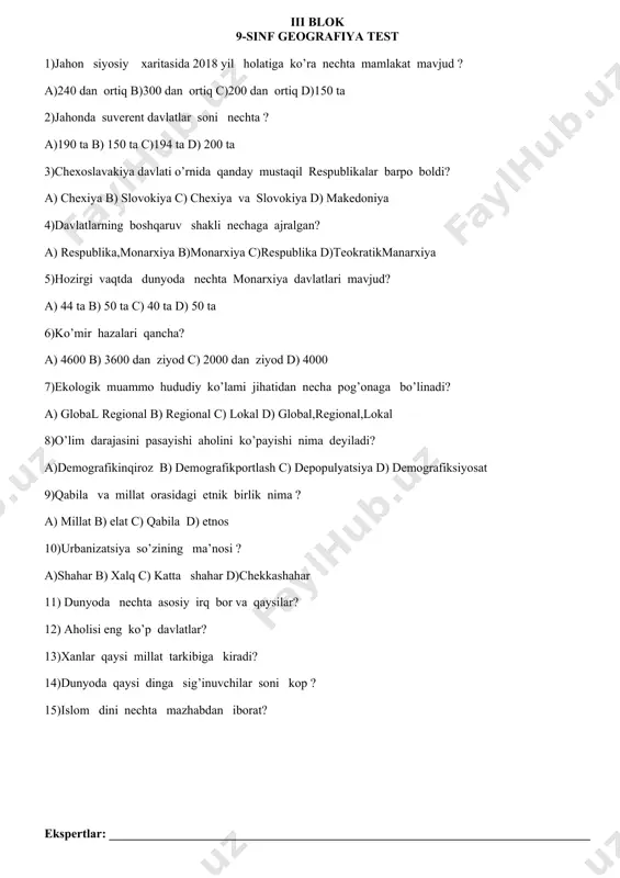 00 dan ziyod d) 4000 7)ekologik muammo hududiy ko’lami jihatidan necha pog’onaga bo’linadi? a) global regional b) regional c) lokal d) global,regional,lokal 8)o’lim darajasini pasayishi aholini ko’payishi nima deyiladi? a)demografikinqiroz b) demografikportlash c) depopulyatsiya d) demografiksiyosat 9)qabila va millat orasidagi etnik birlik nima ? a) millat b) elat c) qabila d) etnos 10)urbanizatsiya so’zining ma’nosi ? a)shahar b) xalq c) katta shahar d)chekkashahar 11) dunyoda nechta asosiy irq bor va qaysilar? 12) aholisi eng ko’p davlatlar? 13)xanlar qaysi millat tarkibiga kiradi? 14)dunyoda qaysi dinga sig’inuvchilar soni kop ? 15)islom dini nechta mazhabdan iborat? 9- sinf ona tili 2-chorak 1. qo’shma gaplarning turlari qaysi qatorda to’g’ri berilgan? a. bog’langan qo’shma gap, ergashgan qo’shma gap, darak gap b. bog’langan qo’shma gap, ergashgan qo’shma gap, sodda gap с. bog’langan qo’shma gap, ergashgan qo’shma gap, bog’lovchisiz qo’shma gap d. bog’langan qo’shma gap, ergashgan qo’shma gap, murakkab qo’shma gap 2.qo’shma gapga to’g’ri ta’rif berilgan qatorni …