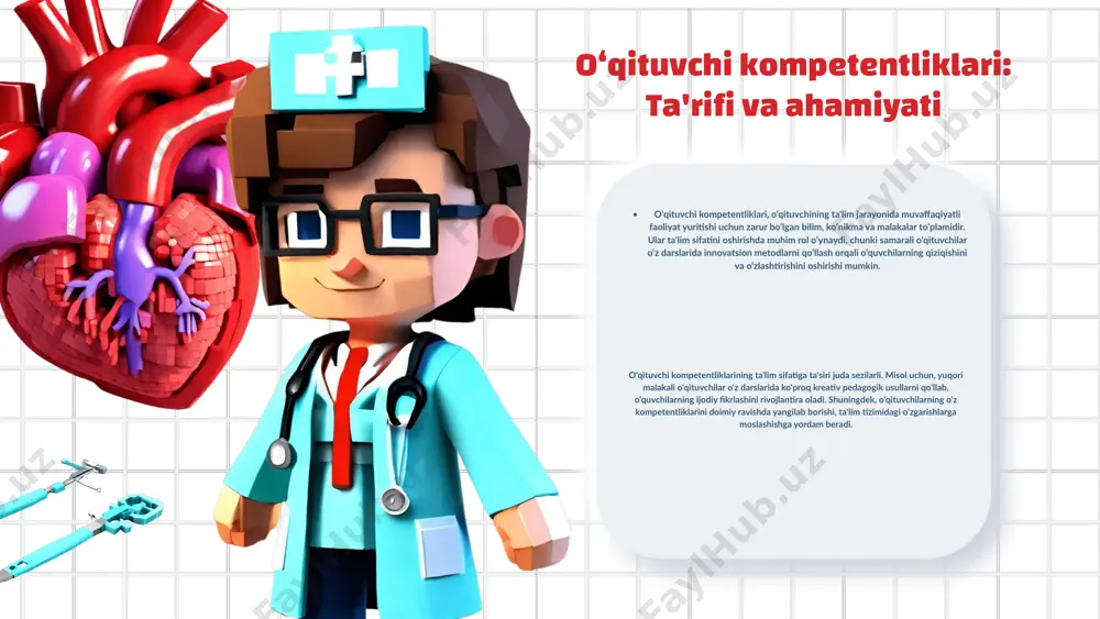 yanada samarali bo'lishlariga sabab bo'ladi. ta'lim sifatini oshirish swot tahlili: 1. kuchli tomonlar: innovatsion yondashuvlar. 2. zaif tomonlar: o'qituvchilarning yangi metodlarga moslashishi. 3. imkoniyatlar: ta'lim jarayonini modernizatsiya qilish. 4. tahdidlar: eski metodlarning saqlanib qolishi. swot tahlili kreativ pedagogika: asosiy tamoyillar o‘qituvchi kompetentliklari va kreativ pedagogika o‘qituvchi kompetentliklari va kreativ pedagogika o‘rtasidagi bog‘liqlik ta'lim jarayonining samaradorligini oshirishda muhim ahamiyatga ega. kreativ pedagogika, o‘qituvchilarning innovatsion fikrlashini va o‘quvchilarning fikrlash qobiliyatlarini rivojlantirishga yordam beradi. kreativ pedagogika bilan bog‘liqlik kreativ pedagogika orqali o‘qituvchilar o‘z kompetentliklarini oshirish imkoniyatiga ega bo‘lishadi. bu, o‘qituvchilarning yangi metod va texnologiyalarni o‘zlashtirishiga, shuningdek, o‘quvchilarga qiziqarli va samarali ta'lim berishga yordam beradi. o‘qituvchi kompetentliklarini oshirish ta'lim sifatidagi o‘zgarishlar kreativ pedagogika orqali imkoniyatlar yaratadi. o‘qituvchilar o‘z pedagogik yondashuvlarini yangilab, o‘quvchilarning faol ishtirokini ta'minlashga qodir bo‘lishadi. ta'lim sifatidagi o‘zgarishlar kreativ pedagogika o‘qituvchilarni yanada samarali va innovatsion o‘qitish usullarini qo‘llashga undaydi. bu, o‘quvchilarning ta'lim olish jarayoniga bo‘lgan qiziqishini oshirib, umumiy ta'lim sifatini yaxshilaydi. xulosa …