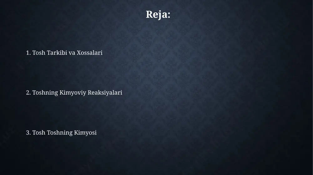 rlanadi. bu esa toshning yuqori qattiqlik va chidamlilik xususiyatlarini belgilaydi. tosh toshining maydalangan kukuni, 2-5 mikron o'lchamdagi zarrachalar, sement, beton va boshqa qurilish materiallarida to'ldirgich sifatida qo'llaniladi, bu materiallarning mustahkamligini oshiradi. xavfsizlik choralari gaz chiqishi 5 ppm dan oshgan hollarda, darhol shamollatish tizimini yoqish va xonani 20 daqiqa davomida tark etish kerak. xavfsizlik ko'zoynaklari va himoya kiyimlarini 100% ishlatish, kimyoviy moddalar bilan ishlashda 3 dan kam bo'lmagan himoya qatlamini ta'minlaydi. tosh toshishning kinetikasi tosh toshish jarayonining kinetikasi, reaksiya tartibini aniqlash uchun differentsial yoki integral usullar yordamida o'rganilishi mumkin bo'lib, bu jarayonning 0,5-1 tartibli ekanligini ko'rsatadi. tosh toshishning kinetikasi, reaktsiya tezligining haroratga bog'liqligini ko'rsatuvchi arrhenius tenglamasidan (k = aexp(-ea/rt)) foydalanib, faollashtirish energiyasi (ea) taxminan 25-35 kj/mol oralig'ida aniqlanishi mumkin. haroratning rolini o'rganish harorat 50°c dan yuqori bo'lganda, reaktsiya tezligi 2 baravar oshadi, bu esa kimyoviy bog'lanishlarning energiya to'sig'ini engishda molekulalarning kinetik energiyasining oshishi bilan izohlanadi. haroratning pasayishi, 0°c dan pastda, reaktsiyaning …