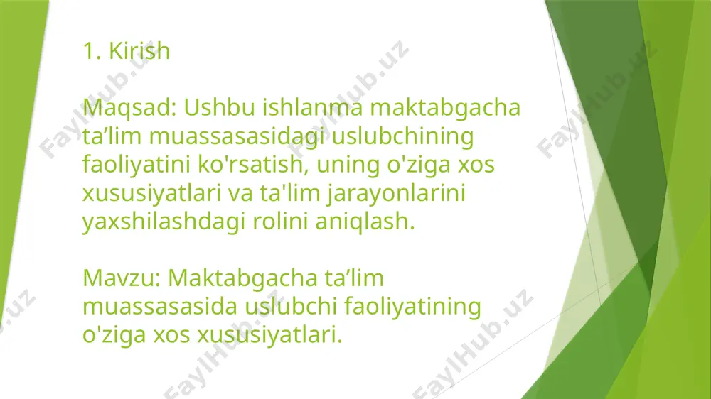 treninglar va konferensiyalar o'tkazish. - o'zaro tajriba almashish va yaxshi amaliyotlarni o'rganish. 4.2. tadqiqotlar va innovatsiyalar - uslubchining pedagogik tadqiqotlarda ishtirok etishi. - yangi evalyutsiya usullari va metodologiyalarni joriy etish. 5. xulosa - uslubchi maktabgacha ta’lim muassasasining muvaffaqiyatli faoliyat yuritishi uchun muhim ahamiyatga ega. - uning innovatsion yondashuvlari va doimiy qo'llab-quvvatlashi o'qituvchilar va tarbiyalanuvchilarning muvaffaqiyatli rivojlanishiga olib keladi. 6. tavsiyalar - uslubchini o'z faoliyatini samarali o’rganish va yaxshilash uchun doimiy ravishda qo'llab-quvvatlash va rag'batlantirish. - maktabgacha ta'lim muassasasida innovatsion yondashuvlarni qo'llash jarayonini izchil amalga oshirish. ushbu faoliyat ishlanmasi uslubchining faoliyatini tahlil qilish va uning o'ziga xos xususiyatlarini aniqlashga yordam beradi. bu jarayon o'qituvchilarning va tarbiyalanuvchilarning ta'lim sifatini oshirishga xizmat qiladi! /docprops/thumbnail.jpeg