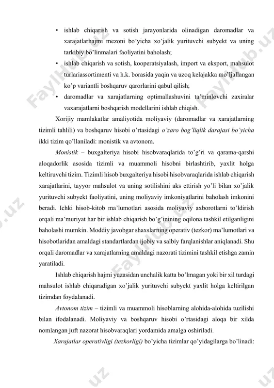 antirishdan iborat. standart xarajatlar hisobi tizimi quyidagilarni o’z ichiga oladi: materiallarni, asosiy vositalarni sotib olish va ishlatish xarajatlari bo’yicha, mehnat xarajatlari, yuk hujjatlari xarajatlari bo’yicha standartlarni ishlab chiqishni; me’yoriy xarajatlar bo’yicha tannarx kalkulyatsiyasini va normativlardan hamda smetalardan chetlanishlarni ko’rsatgan holda amaldagi xarajatlarni tuzish. jahon amaliyotida bunday tizim “standart-kost” deb yuritiladi. u tannarxni shakllantirish bo’yicha nazoratning tezkorligiga va, zaruriyat tug’ilganda, uning jarayonlarini tartibga solishga yo’naltirilgan. xarajatlarni tannarxga kiritishning to’liqligi – amaliyotda qo’llanilayotgan hisob tizimi tasniflanishining belgilaridan biri. boshqaruv hisobida turli maqsadlarga javob beruvchi ikki tizim - to’liq xarajatlar hisobi tizimi va qisman xarajatlar hisobi tizimi amal qiladi. to’liq xarajatlar hisobi tizimi tannarxni kalkulyatsiya qilish va ishlab chiqarishga qilingan xarajatlarning an’anaviy hisob turi sifatida namoyon bo’ladi. xarajatlarning asosiy guruhlanishi ularning asosiy (to’g’ri kalkulyatsiya obyektiga olib borilishi) va egri (kalkulyatsiya obyektlari o’rtasida qandaydir bazaga proporsional tarzda taqsimlanishi) xarajatlarga bo’linishi orqali amalga oshadi. qisman xarajatlar tizimi deganda to’g’ridan-to’g’ri xarakterga ega va ayrim mahsulot turlari …