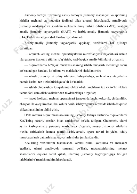 niy sifatlarni o‘zida tarbiyalash hamda ularni kasbiy-amaliy sport turlari bo‘yicha oddiy musobaqalarda qatnashishga tayyorlash shular jumlasidandir. kajtning vazifalarini tushunishda kerakli bilim, ko‘nikma va malakani egallash, ularni amaliyotda samarali qo‘llash, mutaxassislarning mehnat sharoitlarini oqilona tahlil qilish, ularning jismoniy tayyorgarligiga bo‘lgan talablarini o‘rganish muhim hisoblanadi. mutaxassislar mehnat sharoiti va ularning jismoniy tayyorgarligiga qo‘yiladigan talablar har xil mehnat turlariga tavsif berganda uning jismoniy og‘irligi va asab-ruhiy tizimga ko‘rsatgan ta’siriga e’tibor qaratiladi. mehnatning jismoniy og‘irligi deganda ish vaqtida jismoniy zo‘r berish hajmining yig‘indisi tushuniladi. mehnatning asabruhiy zo‘riqishi deb ish bajarish paytidagi emotsional yuklama darajasiga aytiladi. mehnatning asab-ruhiy zo‘riqishi aqliy va jismoniy turlarga ajratiladi. mehnatning bu ikki asosiy turi uchinchi — aralash mehnat turini keltirib chiqaradi. jismoniy og‘ir mehnatga kon qazuvchi va po‘lat quyuvchilarning kasblarini namuna qilib ko‘rsatish mumkin. bu mehnat faoliyati zamirida sezilarli muskul zo‘riqishi yotadi. og‘ir jismoniy mehnat turiga, shuningdek, yengil atletika, velopoyga, og‘ir atletika, chang‘i sporti va boshqalar ham kirishi mumkin. aqliy …
