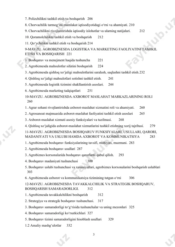 2036. kartoshka yetishtirishni tashkil etish va boshqarish 2067. polizchilikni tashkil etish va boshqarish 2108. chorvachilik tarmogʻini mamlakat iqtisodiyotidagi oʻrni va ahamiyati. 2129. chorvachilikni rivojlantirishda iqtisodiy islohotlar va ularning natijalari. 21210. qoramolchilikni tashkil etish va boshqarish 21411. qoʻychilikni tashkil etish va boshqarish 2209-mavzu. agrobiznesda logistika va marketing faoliyatini tashkil etish va boshqarish 2201. boshqaruv va menejment haqida tushuncha 2232. agrobiznesda mahsulotlar sifatini boshqarish 2313. agrobiznesda qishloq xoʻjaligi mahsulotlarini saralash, saqlashni tashkil etish. 2404. qishloq xoʻjaligi mahsulotlari sotishni tashkil etish. 2425. agrobiznesda logistik tizimini shakllantirish asoslari. 2496. agrobiznesda marketing tadqiqotlari 25810-mavzu. agrobiznesda axborot maslahat markazlarining roli 2581. agrar sohani rivojlantirishda axborot-maslahat xizmatini roli va ahamiyati. 2632. agrosanoat majmuasida axborot-maslahat faoliyatini tashkil etish asoslari 2653. axborot-maslahat xizmati asosiy funksiyalari va tuzilmasi. 2774. qishloq xoʻjaligida axborot-maslahat xizmatlarini tashkil etishning xorij tajribasi. 28111-mavzu. agrobiznesda boshqaruv funksiyalari, usullari, qarori, madaniyati va uslubi hamda axborot va kommunikatsiya 2811. agrobiznesda boshqaruv funksiyalarining tavsifi, mohiyati, mazmuni. 2852. agrobiznesda boshqaruv …