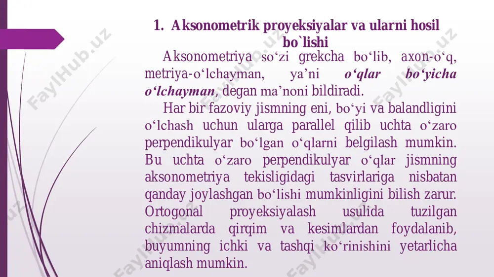 liklari deb yuritiladi. ularning natural masshtab birligi е ga nisbatlari aksonometrik o‘qlari bo‘yicha o‘zgarish koeffitsiyentlari deyiladi va quyidagicha yoziladi: 𝒆𝒙 𝒆 = 𝒌𝒙 , 𝒆𝒚 𝒆 = 𝒌𝒚 , 𝒆𝒛 𝒆 = 𝒌𝒛 (1) 1-rasm 1-rasmdan kelib chiqqan holda 𝑶𝑷𝑨𝒙𝑷 𝑶𝑨𝒙 = 𝒆𝒙 𝒆 = 𝒌𝒙, 𝑶𝑷𝑨𝒚𝑷 𝑶𝑨𝒚 = 𝒆𝒚 𝒆 = 𝒌𝒚, 𝑶𝑷𝑨𝒛𝑷 𝑶𝑨𝒛 = 𝒆𝒛 𝒆 = 𝒌𝒛, 2) tengliklarni yozish mumkin. demak, a nuqtaning dekart va aksonometrik koordinatalari orasidagi bog‘lanishini quydagicha yozish mumkin 𝒙𝒑 𝒙 = 𝒌𝒙, 𝒚𝒐𝒌𝒊 𝒙𝑷 = 𝒌𝒙𝒙; 𝒚𝒑 𝒚 = 𝒌𝒚 𝒚𝒐𝒌𝒊 𝒚𝒑 = 𝒌𝒚𝒚; 𝒛𝒑 𝒛 = 𝒌𝒛, 𝒚𝒐𝒌𝒊 𝒛𝒑 = 𝒌𝒛𝒛 (3) aksonometrik o‘qlarning vaziyatlari va shu o‘qlar bo‘yicha o‘zgarish koeffitsentlari berilgan bo‘lsa, fazodagi har qanday nuqtaning aksonometriyasini yasash mumkin. buning uchun nuqtaning х, y va z koordinatalarini ularga mos o‘zgarish koeffitsentlari kx, ky va kz ga ko‘paytirib, aksonometrik o‘qlarga o‘lchab qo‘yiladi va uch bo‘g‘inli koordinatalar siniq chizig‘ini aksonometriyasi yasaladi. masalan, …
