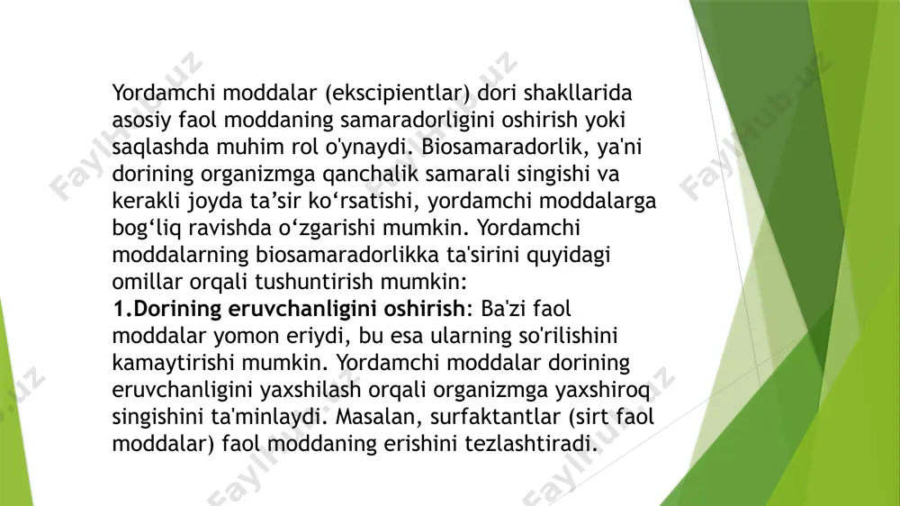xomosorbsillar va boshqalar hosil bo‘lishi mumkin. ma’lumki o‘zaro ta’sir darajasi fizik-kimyoviy yoki kimyoviybog‘lanish energiyasi bilan belgilanadi. agar bog‘lanish kuchsiz bo‘lsa [van-der-valls kuchi4,2 kdj/mol (1 kall/mol) yoki vadarodli bog‘lanish 29-42 kdj/mol (7-10 kall/mol)], ya’ni jarayon qaytar bo‘lishi mumkin, chunki organizm bu bog‘lanishni enga oldi, maydalashi mumkin, ko‘rinishini o‘zgartirishi va dorivor modda utilizatsiyalanadi. lekin kovalent energiyasi 420-585 kdj/mol bo‘lgan mustahkam bog‘lanish hosil bo‘lsa, jarayon qaytmas bo‘lib qolishi mumkin, chunki organizmda bu bog‘lanishni uzish uchun sharoit mavjut emas. shuning uchun yordamchi moddalar dorivor modda terapevtik ta’sirini minimumiga tushirishi, tostik ko‘rishishgacha oshirishi yoki butunlay o‘zgartirishi mumkin. yordamchi moddalar dori vositalarining farmokolik faoliyatini nafaqat pasaytira oladi, balki yana katta darajada parchalanish va biokirishish bilan xarakterlanuvchi bog‘lanishlarni yaratadi (masalan, prednizolon bilan polivinilpirrolidon, salitsilamid bilan polivinilpirrolidon, salitsil kislotali sorbit, mochevina bilan norsulfazol). saponinlar oshqozon-ichak traktida glyukozani so‘rilish jarayonini kuchaytiradi. natriy lauril sulfat penetsillin, grizeofulvin va boshqalarni so‘rilishini tezlashtiradi yordamchi moddalarning dori vositasining terapevtik faolligiga ta’sirini adabiyotlarda juda …