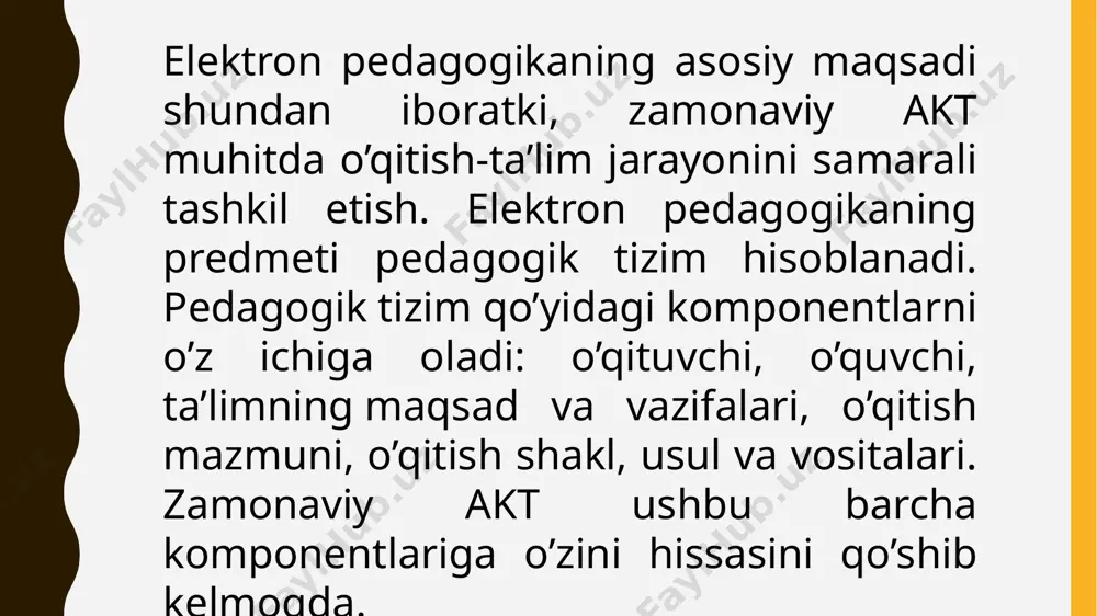 omillashtirish; 2) ta’lim mazmunini tarkibiy qismlari aloqalarini mustahkamlash; 3) har xil turdagi ma’lumotlardan foydalanish imkoniyatlarining kengayishi; 4) o’qitishning modul tizimini rivojlantirish; 5) o’quv kursini muayyan mavzu va bo’limlar yaxlitligi sifatida namoyon bo’lishi; 6) darsni didaktik harakatlar tizimi sifatida takomillashtirish; 7) o’quv materialini bosqichma-bosqich o’rganishga erishish; 8) o’quv materiali mazmunini ta’lim oluvchilar xususiyatlariga moslashtirish imkoniyatlari; 9) adiovizual vositalar yordamida ta’lim beruvchi va ta’lim oluvchilar o’rtasidagi pedagogik muloqot mazmunini takomillashtirish va h‘.k. pedagogik dasturiy vositalarni quyidagilarga ajratish mumkin: 1) o’rgatuvchi dasturlar – o’quvchilarning bilim darajasi va qiziqishlaridan kelib chiqib yangi bilimlarni o’zlashtirishga yo’naltiradi ; 2) test dasturlari – egallagan bilim , malaka va ko’nikmalarni tekshirish yoki baholsh maqsadlarida qo’llaniladi ; 3) mahq qildirgichlar – avval o’zlshtirilgan o’quv materialini takrorlash va mustahkamlashga xizmat qiladi ; 4) o’qituvchi ishtirokidagi virtual o’quv muhitini shakllantiruvchi dasturlar ; etiboringiz uchun rahmat ism: abduraxmonov subhonshoh guruh: 221 yo’nalish: amaliy matematika fan: umumiy psixologiya va pedagogika image1.jpeg image2.png image3.svg …