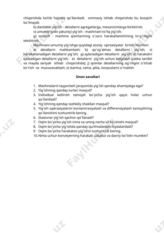 oradi. bunday holat ushbu usulni takomillashmagan degan xulosaga olib keladi va texnik-iqtisodiy jihatdan yaxshi unum beradigan boshqa usullarni qo`llashga undaydi. ikkinchi usulning mohiyati shundan iboratki, bunda mashinaning alohida detal va uzellari ishchilarning bitta brigadasi tomonidan umumiy yig`ish stendidan tashqarida yig`ib olinadi, bunda bu brigada umumiy yig`uvchilar brigadasi tarkibiga kirmaydi. shunday qilib, bu erda yig`ish jarayonini qisman differensiyalash mumkin. bu usul yanada unumli bo`ladi, chunki detallar yig`ma birlikka avvaldan yig`ib olinadi, buning natijasida mashina umumiy yig`ish stendida bekor turib kolish vaqti kam bo`ladi. bu usulni seriyali ishlab chiqarishda stasionar yig`ishda qo`llaniladi. uchinchi usulning mohiyati shundan iboratki, yig`ish jarayoni alohida operasiyalarga differensiyalanadi, bunda har bir operasiya ma`lum bir ish joyida (harakatdagi yoki stasionar) ma`lum ishchi yoki ishchilar brigadasi tomonidan bir xil (imkon boricha) vaqt oralig`ida yig`ish taktiga amal qilgan holda bajariladi, bu uzluksiz (oqim bo`yicha) yig`ish jarayonini yaratadi. bu usul ommaviy va seriyali (ko`pincha yirik seriyali) ishlab chiqarishda oqim bo`yicha yig`ishda qo`llaniladi. …