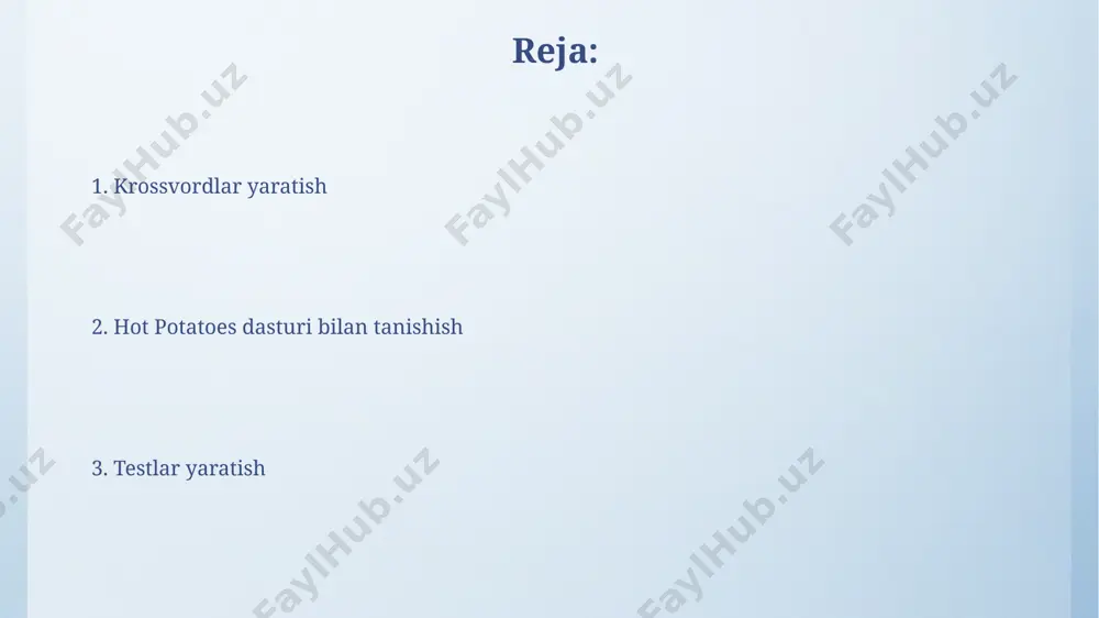 lar yoki qo'shimcha ma’lumotlar. maslahatlarni qo'shish maslahatlar sifatida matn, rasm, audio yoki video fayllarni qo'shish mumkin, bu esa testlarni interaktiv va jozibador qilish imkonini beradi. masalan, 5 ta turli media-fayllardan foydalanishingiz mumkin. maslahatlarni qo'shish jarayoni juda sodda: 3 bosqichdan iborat bo'lib, har bir bosqichda o'rtacha 5-7 minut vaqt talab etadi. bu esa vaqtni tejashga yordam beradi. testning ko'rinishini sozlash hot potatoes dasturida test ko'rinishini sozlashda, 4 ta javob variantidan faqat bittasi to'g'ri bo'lishi shart emas, balki bir nechta to'g'ri javoblarni ham belgilash mumkin. ballarni har bir to'g'ri javob uchun alohida belgilash imkoniyati mavjud. test savollari uchun 3 xil turdagi savollarni qo'shishingiz mumkin: tanlovli, to'ldirishli va to'g'ri/noto'g'ri. har bir tur uchun alohida ko'rsatmalar va sozlamalar mavjud. foydalanuvchilar uchun qo'llanma qo'llanmada 25 ga yaqin misol va rasmli ko'rsatmalar mavjud bo'lib, bu foydalanuvchilarga dastur interfeysini osongina o'zlashtirishga yordam beradi va murakkab funksiyalarni tushunishni osonlashtiradi. dasturda yaratilgan testlar va krossvordlarni 1000 dan ortiq talaba …