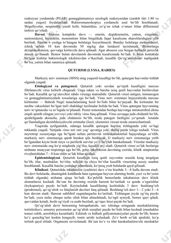 zdirilganda halok bo‘ladi. amyobaning 3 asosiy a) to‘qimali ( forma magna); b) oraliq (forma minite); v) sistali (forma cystica) turi mavjud. epidemiologiyasi. amyobiazga uchragan bemor yoki dizenteriya amyobalari tashuvchisi — zararlanish manbaidir. odam ifloslangan suvni ichganda, oziq-ovqat mahsulotlarini yuvmasdan iste’mol qilganda, shuningdek, iflos qo‘llar orqali kasallikka chalinadi. kasallik yoz-kuzda ko‘payadi. patogenezi. ichak shilliq qavatiga tushgan amyobalar bir muncha yallig‘lanish bilan kechadigan destruktiv (yarali) o‘zgarishlarni keltirib chiqaradi. ko‘ndalang-chambar va sigmasimon ichaklarda, ko‘proq ko‘r ichakda yara hosil bo‘ladi. amyoba qon oqimi bilan jigarga tushar ekan, u yerda nekrotik jarayonlar (abssesslar)ni keltirib chiqaradi, ba’zan esa amyobalar boshqa a’zo va sistemalarga, aksariyat o‘pkaga ham tushishi mumkin. klinikasi. amyobiazning yashirin davri 20 kundan 45 kungacha davom etadi. isitma bo‘lmasligi, gemorragik kolit simptomlari va axlatning malina jelesi holida bo‘lishi kasallikka xos bo‘lgan belgilardan hisoblanadi. yo‘g‘on ichakda rektoromanoskopiya yo‘li bilan aniqlash mumkin bo‘lgan chuqur yaralar hosil bo‘ladi. qon tekshirilganda, ko‘pincha eozinofiliya aniqlanadi. axlat mikroskopda tekshirilib ko‘rilganda, unda …