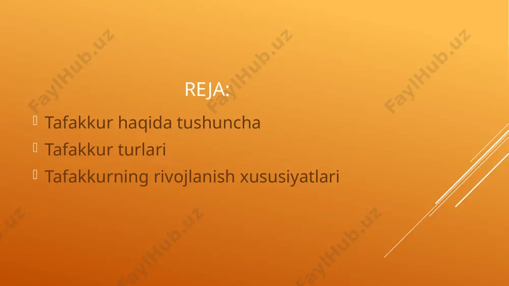 izmalar, belgilar, til kabi jismli va ijtimoiy olamning ahamiyatli aloqa va munosabatlariga kirib borish maqsadida, insoniyat tomonidan ishlab chiqilgan turli xildagi vositalardan foydalanadi . tafakkurning ikkinchi muhim belgisi voqelikni analizatorga bevosita ta’sir ko‘rsatmay, ko‘pchilik hollarda asboblar ko‘magida olingan qo‘shimcha belgilar yordamida anglanadiganlarni tushunish va namoyon qilish imkonini yaratuvchi vositali tarzda aks ettirish dir. hodisalarning qonuniyatlari, ichki aloqalari bizning ongimizda hodisalarning tashqi belgilarida vositali tarzda namoyon bo‘lishi bilan inson ichki, barqaror o‘zaro aloqalarning belgilarini aniqlab oladi. tafakkur – bu narsalar mohiyatini ochib beruvchi g‘oyalar harakati. uning natijasi obraz emas, balki ma’lum bir fikrdir. tafakkur – bu kiritilgan yo‘nalishli-tadqiqiy, qayta o‘zgarishli va bilish xususiyatiga ega bo‘lgan harakatlar va muolajalar tizimini taxminlovchi alohida turga ega bo‘lgan nazariy va amaliy faoliyat. tafakkur moddiy olam qonuniyatlari, tabiat va ijtimoiy-tarixiy hayotdagi sababiy-oqibat aloqalari, insonlar psixikasi qonuniyatlarini tushunish imkonini beradi. aqliy faoliyat natijalarini qo‘llash sohasi bo‘lgan amaliyot tafakkur faoliyatining manbai bo‘lib xizmat qiladi. tafakkur psixik faoliyat sifatida …