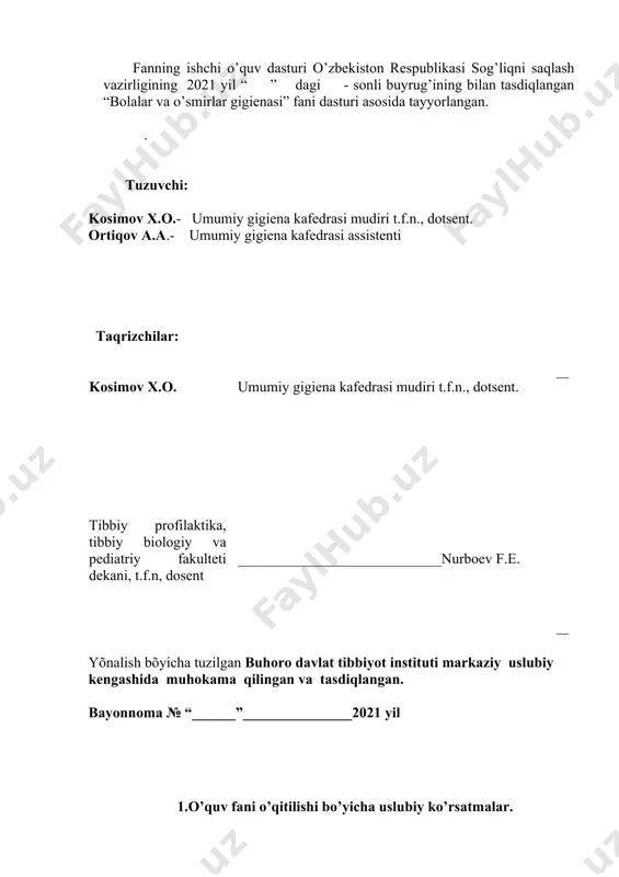 muassasadagi gigienik sharoitlar va ilk tarbiya jarayonining to’g’ri yo’lga qo’yilishi xodimlarning bilim va ko’nikmalariga bog’liq. jahonning ilg’or tajribasi ta’lim muassasalarida bolalar va o’smirlarning garmonik rivojlanishi uchun qulay sharoit yaratishga qaratilgan. mamlaktimizda ta’lim tizimini takomillashtirish bolalarni har tamonlama intellektual, ma’naviy-estetik, jismoniy rivojlantirish hamda ularning aqliy faoliyati sifatini tubdan yaxshilashga qaratilgan. bolalar va o’smirlar gigienasi fani o’sib kelayotgan yosh avlodni salomatlik holatini mustaxkamlash va himoyalashga qaratilgan profilaktika yo’nalishidagi mutaxassislik fani bo’lib, o’suvchi organizm yashash sharoitiga ta’siri va unga qaratilgan sog’lomlashtiruvchi chora-tadbirlar ishlab chiqaruvchi, o’suvchi organizmning o’sish va tarbiyalash sharoitiga ta’sir qiluvchi atrof-muhitning turli omillarini gigienik me’yorlarini ishlab chiqarishga qaratilgan. bolalar va o’smirlar gigienasi fanining asosiy maqsadi, bolalar va o’smirlar jamoasining salomatlik holati va jismoniy rivojlanishini mustahkamlashga qaratilgan kompleks sog’lomlashtiruvchi chora-tadbirlar, ta’lim va tarbiya jarayonining optimal sanitar-gigienik tadbirlari ishlab chiqarish va asoslashdan iborat. ushbu dasturda ta’limning asosiy vazifalari keltirilgan: o’suvchi organizmga tabbiy va ijtimoiy omillarning ta’sirini o’rganish va ularni atrof-muhit omillari bilan bog’liqligi, …