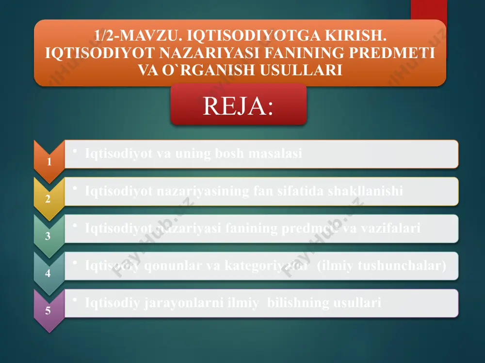 va mahsulotlarni to‘g‘ri taqsimlash yo‘llarini topish iqtisodiyotning asosiy mazmunini tashkil etadi. iqtisodiyot makroiqtisodiyot mikroiqtisodiyot jahon iqtisodiyoti oila iqtisodiyoti korxona yoki firma iqtisodiyoti mintaqa iqtisodiyoti milliy iqtisodiyot tarmoq iqtisodiyoti iqtisodiyot qamrov darajasiga qarab quyidagi turlarga bo‘linadi 7 inson tomonidan yaratilgan tovarlar va xizmatlarning, resurslarning harakati bo‘yicha takror ishlab chiqarish quyidagi fazalar birligidan iboratdir: ishlab chiqarish jarayoni; taqsimlash jarayoni; ayirboshlash jarayoni iste’mol qilish jarayoni. ishlab chiqarish – kishilik jamiyatining mavjud bo‘lishi va rivojlanishi uchun zarur bo‘lgan hayotiy ne’matlarni yaratish jarayoni. barcha tovar va xizmatlar ishlab chiqarish jarayonida yaratilishi sababli, u takror ishlab chiqarishning eng asosiy va boshlang‘ich fazasi hisoblanadi. agar ishlab chiqarilmasa, taqsimlanadigan, ayirboshlanadigan va nihoyat, iste’mol qilinadigan narsalar bo‘lmaydi. taqsimot – ishlab chiqarish omillari va uning natijalarini iqtisodiyotning turli qism va sub’ektlari o`rtasida taqsimlash jarayoni. bu bosqichda, eng avvalo, ishlab chiqarish vositalari, kapital, ishchi kuchi va boshqa resurslar turli tarmoqlar, sohalar, hududlar va nihoyat, korxonalar o`rtasida taqsimlanadi. bundan tashqari, ishlab chiqarish …