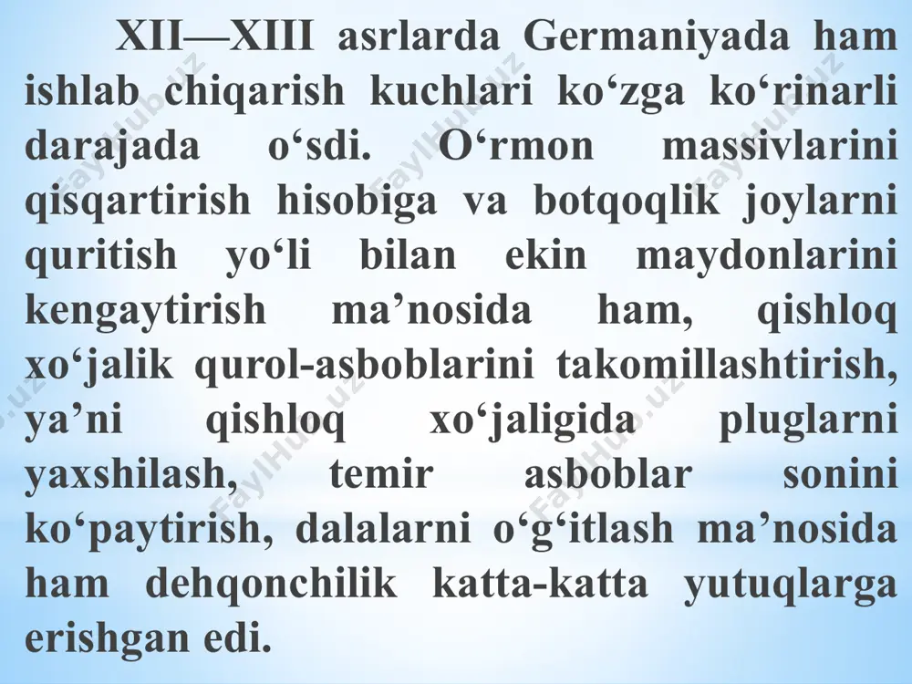 mansub kishilar edilar. lotar bavariya gersogi genrix mag‘rur bilan yaqinlashib, unga o‘zini qizini nikohlab berdi. lotarning o‘g‘illari bo’lmaganligidan, u vafot etgandan so‘ng, velflar ayni zamonda saksoniyaning ham gersoglari bo‘lib oldilar. velflarning kuchayib ketayotganligidan betoqat bo‘lgan knyazlar konrad shtaufenni imperator qilib sayladilar. konrad iii (1138— 1152) ikkinchi salib yurishida qatnashgan edi. u o‘z hukmronligining qolgan vaqtini velflar bilan kurashga bag‘ishladi. genrix mag‘rurning o‘g‘li genrix sherning yoshligidan foydalangan (genrix mag‘rup 1139 yilda vafot etdi) konpad velflardan bavariyani toptib olib, ularga faqat saksoniyani qoldirdi. konradning taxt vorisi fridrix i barbarossa davrida shtaufenlar sulolasi eng zo‘r qudratga ega bo‘ldi. fridrix i barbarossa va uning italiyaga qilgan yurishlari. fridrix i barbarossa (sariq soqol) 38 yil imperatorlik qildi (1152-1190). u shafqatsiz, tajovuzkor, g‘oyat shuhratparast va makkor siyosatchi edi. u burgundiya gersogini qizi beatrisga uylanib, 11 nafar farzand ko‘rgan. fridrix bavariyani velflarga qaytapib berib, ularni tinchitgach, salib yurishlari natijasida boyigan italiyaga o‘zining butun diqqat-e’tiborini qaratdi. fridrix rimda …